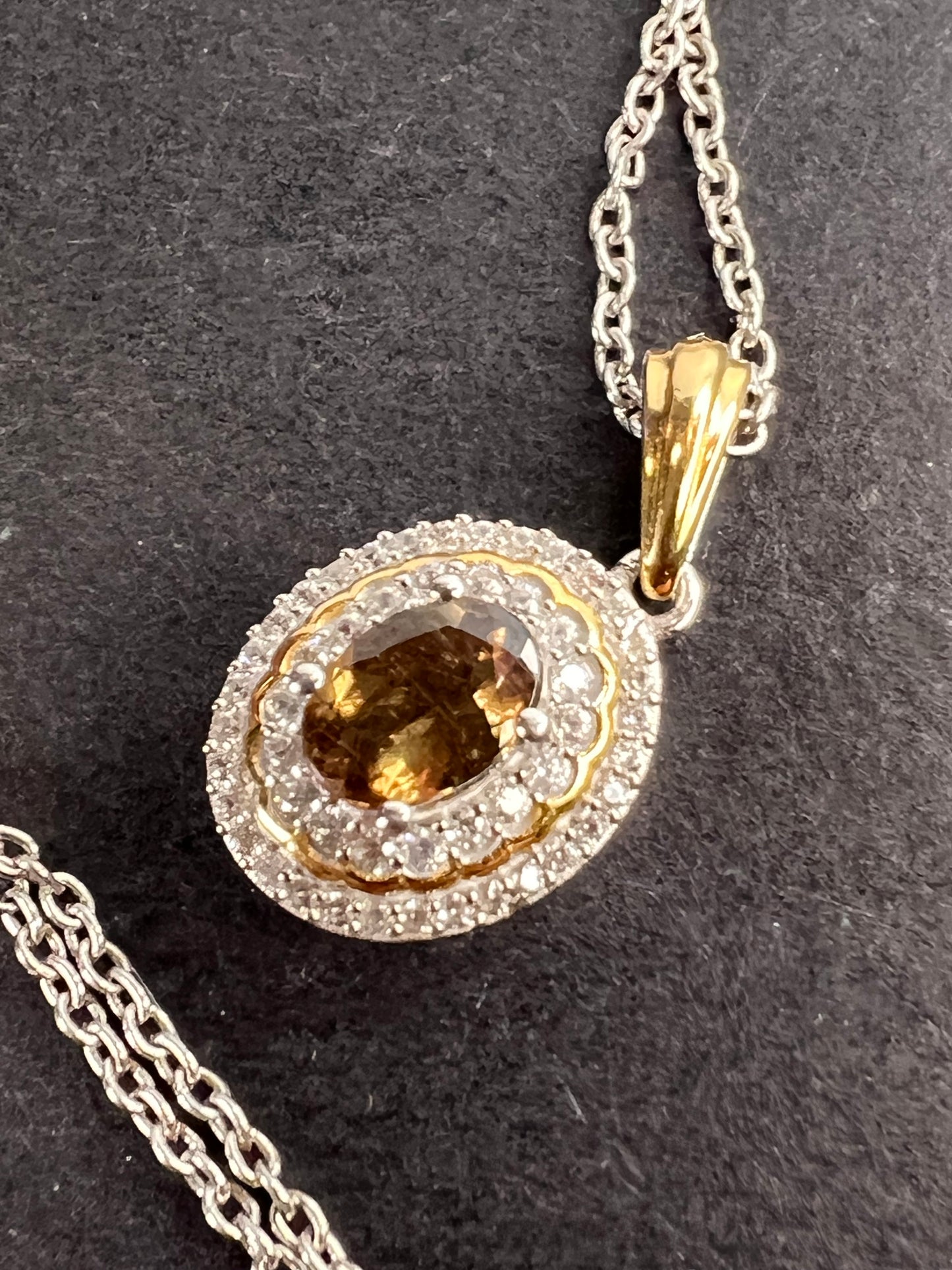 Golden tanzanite and zircon double halo two toned sterling silver pendant and chain necklace