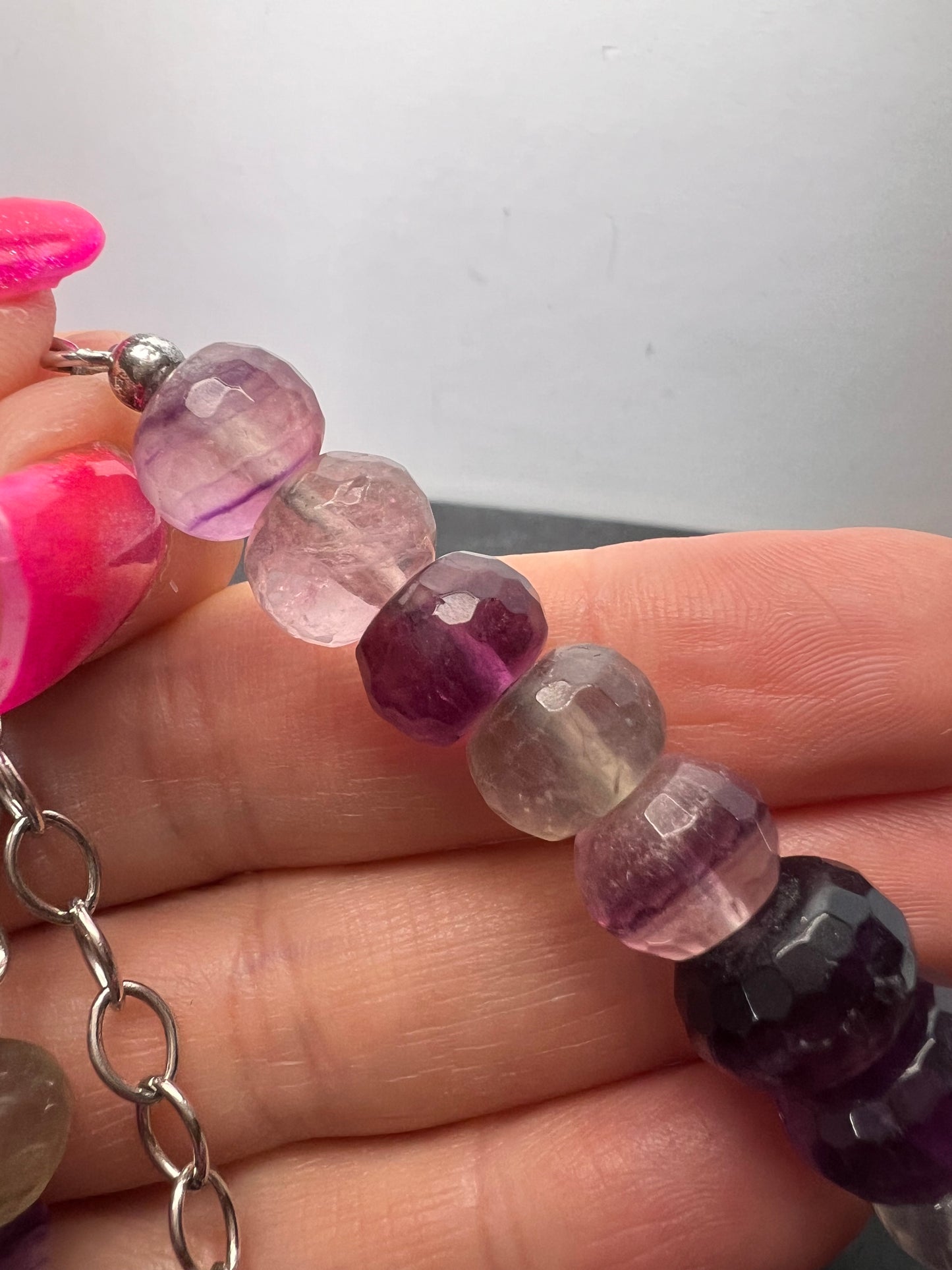 Rainbow and purple fluorite faceted beaded statement necklace with 925 lobster clasp