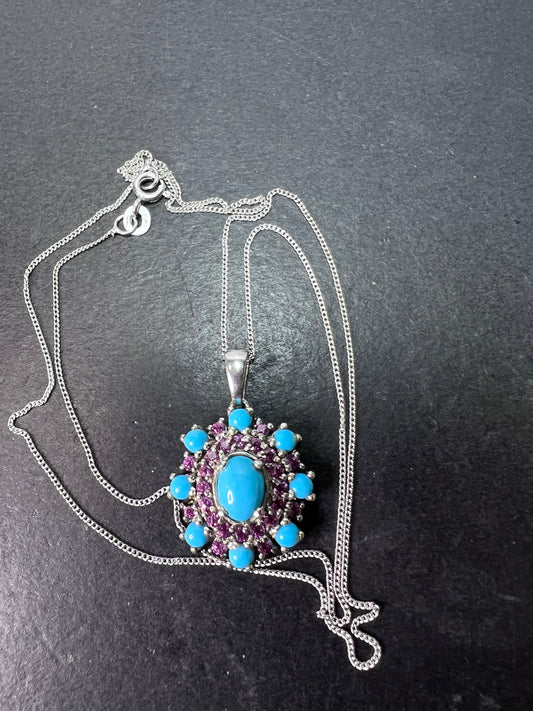 Turquoise grape rhodolite garnet sterling silver pendant and chain