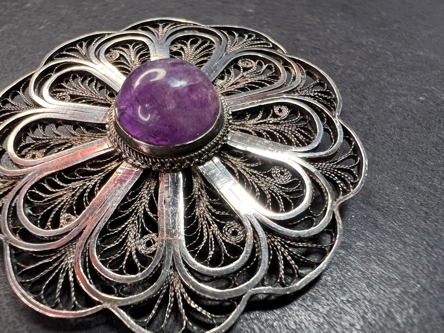Vintage filigree amethyst sterling silver brooch made in Jerusalem