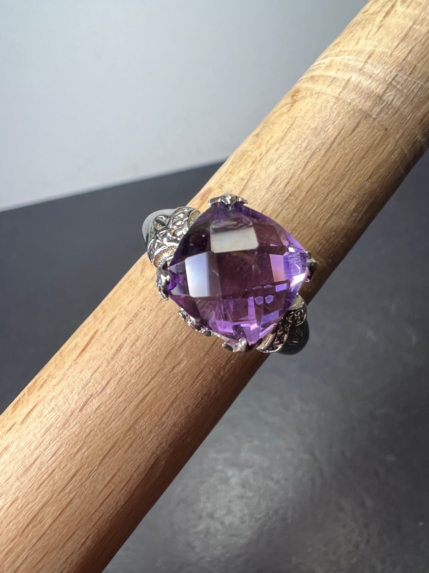 Amethyst cathedral crown setting sterling silver solitaire ring size 9