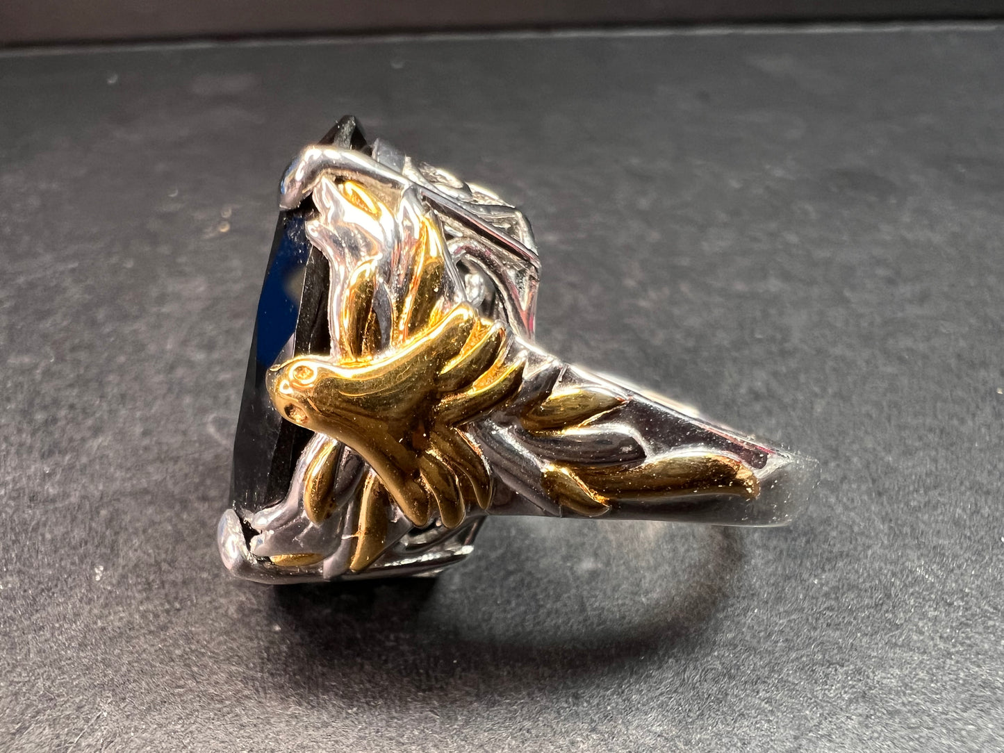NEW Black spinel Phoenix ring in rhodium and gold vermeil over sterling silver size 7