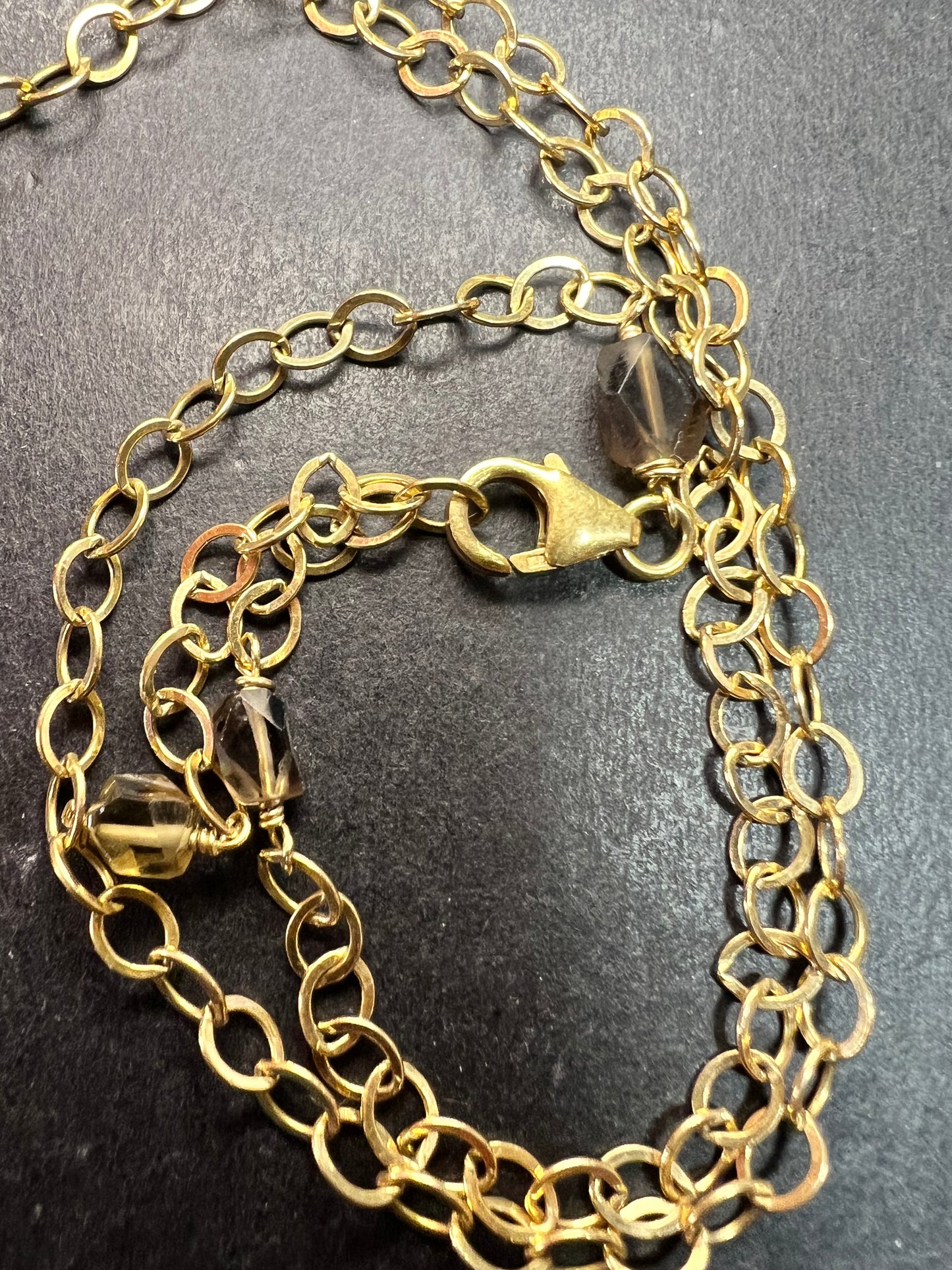 Gold Filled Smoky Quartz & Faceted Agate Drop Necklace 16–18”