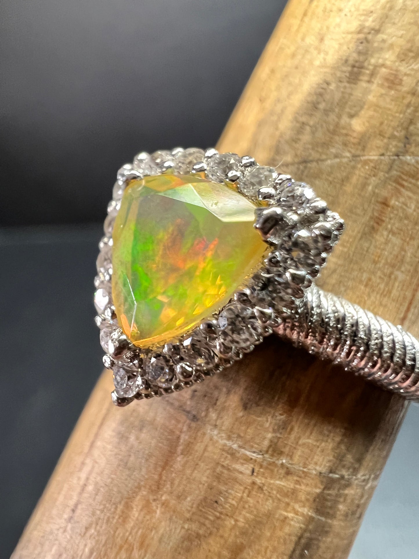 Ethiopian Opal Halo Ring Sterling Silver Size 7 Trillion Cut
