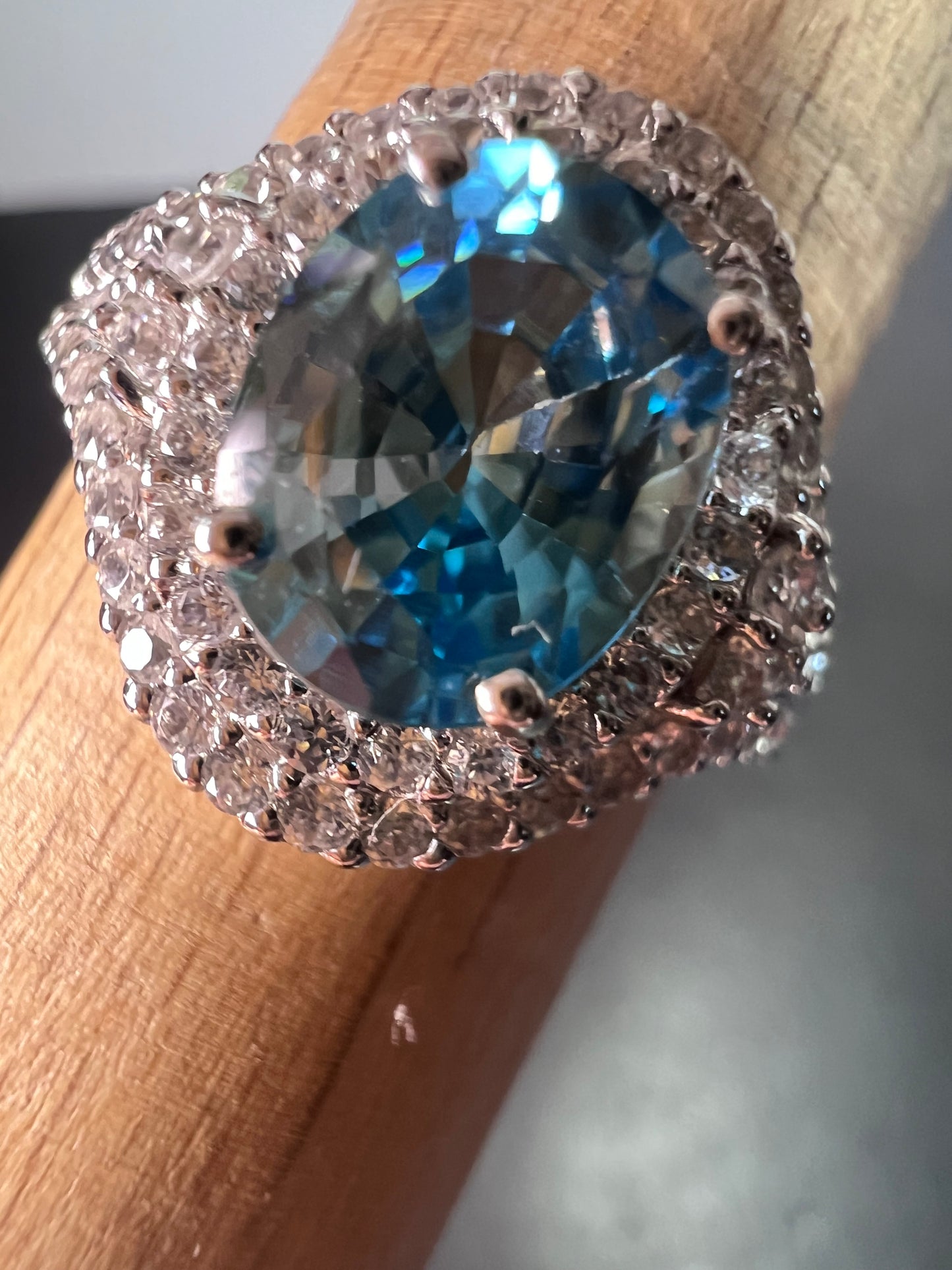 10k white gold blue topaz and white zircon double halo ring size 9