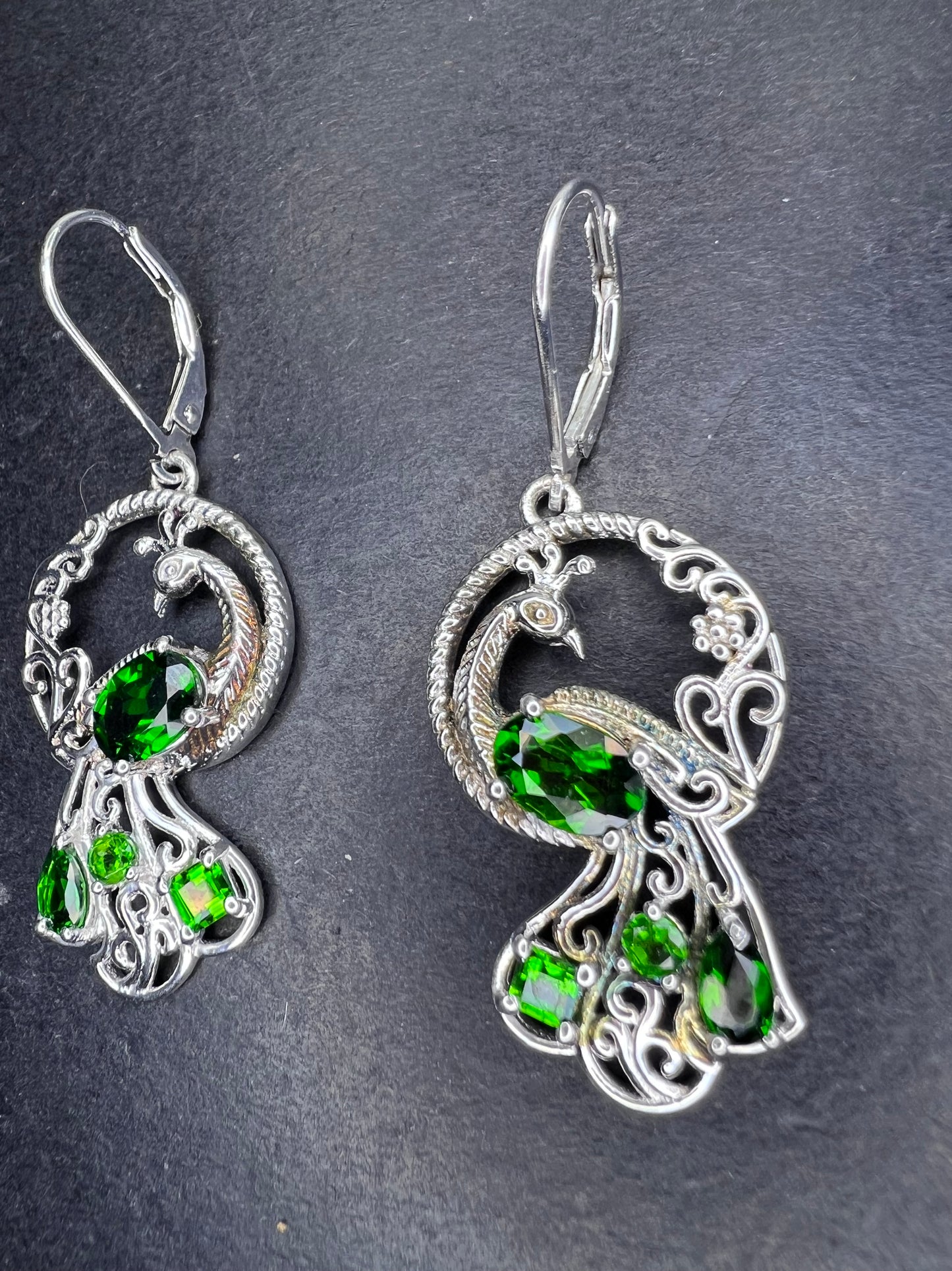 Chrome diopside sterling silver peacock dangle earrings