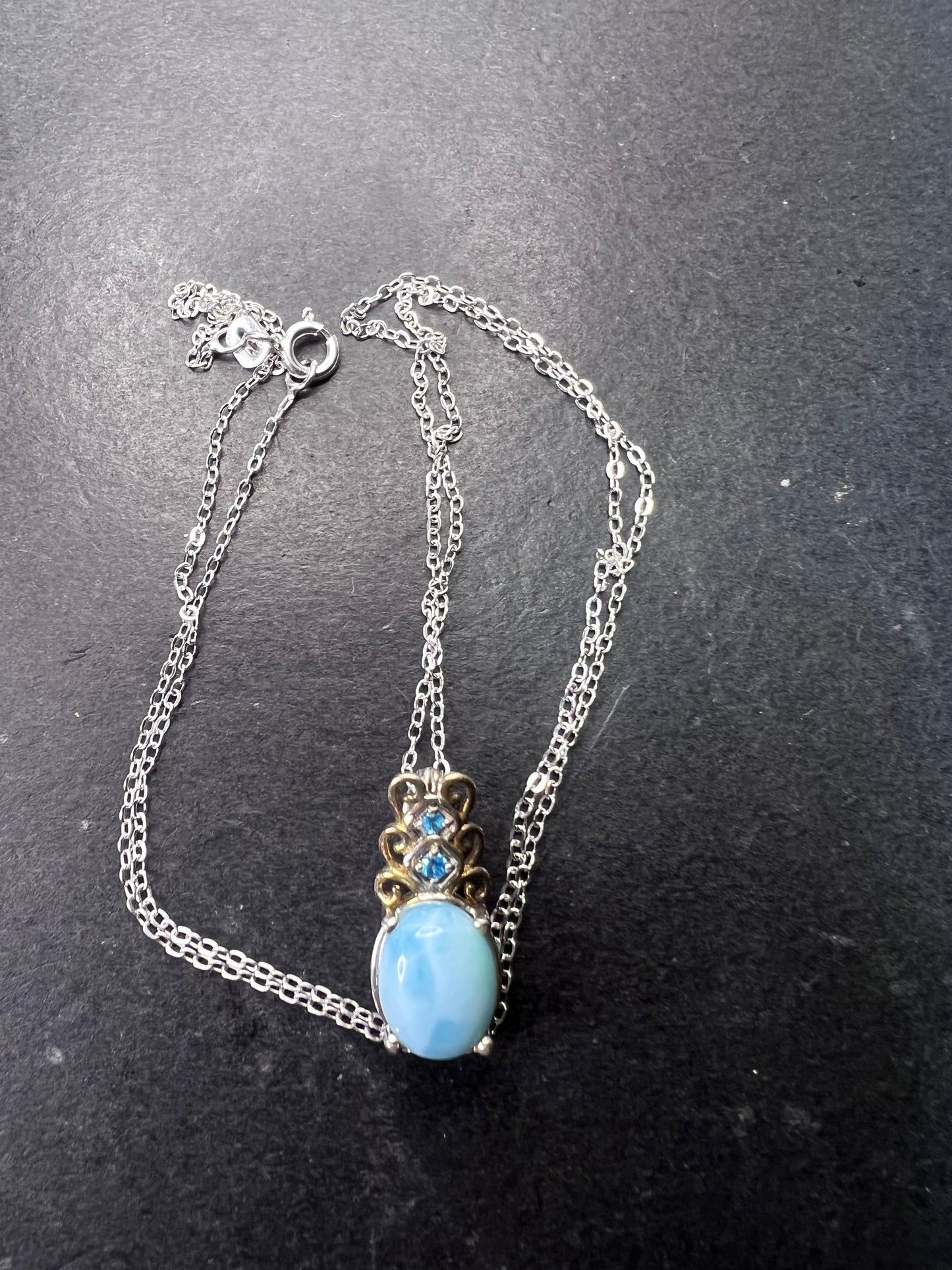 Larimar and neon blue apatite sterling silver pendant and 20 inch chain necklace