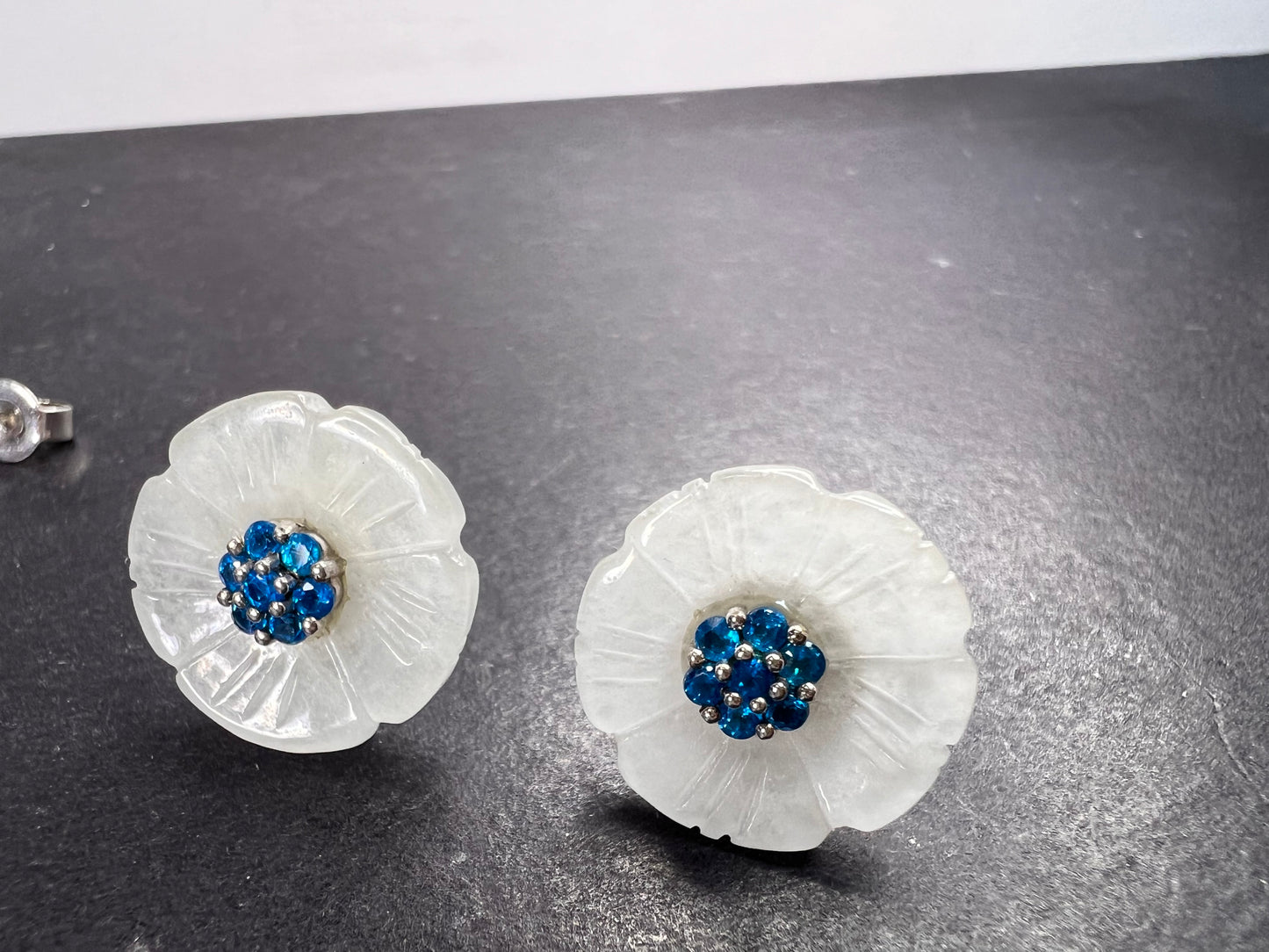 White Jade and neon blue apatite flower earrings in sterling silver