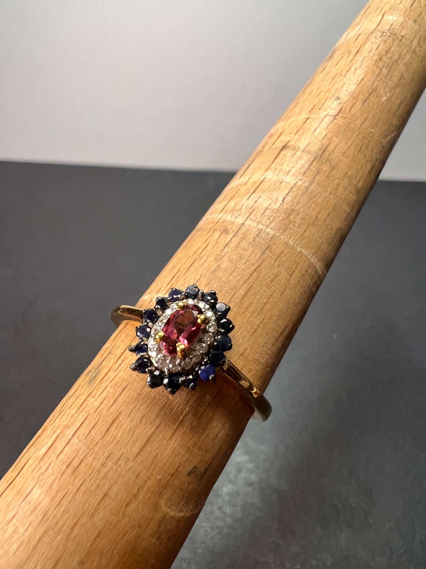 Ofiki rubellite and blue sapphire double halo ring in vermeil yellow gold over sterling silver size 8