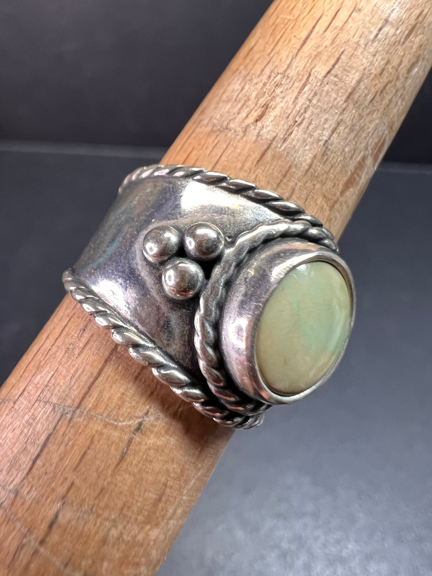 Vintage Sterling Silver Size 6 Ring | Artisan Style Green Cabochon Band