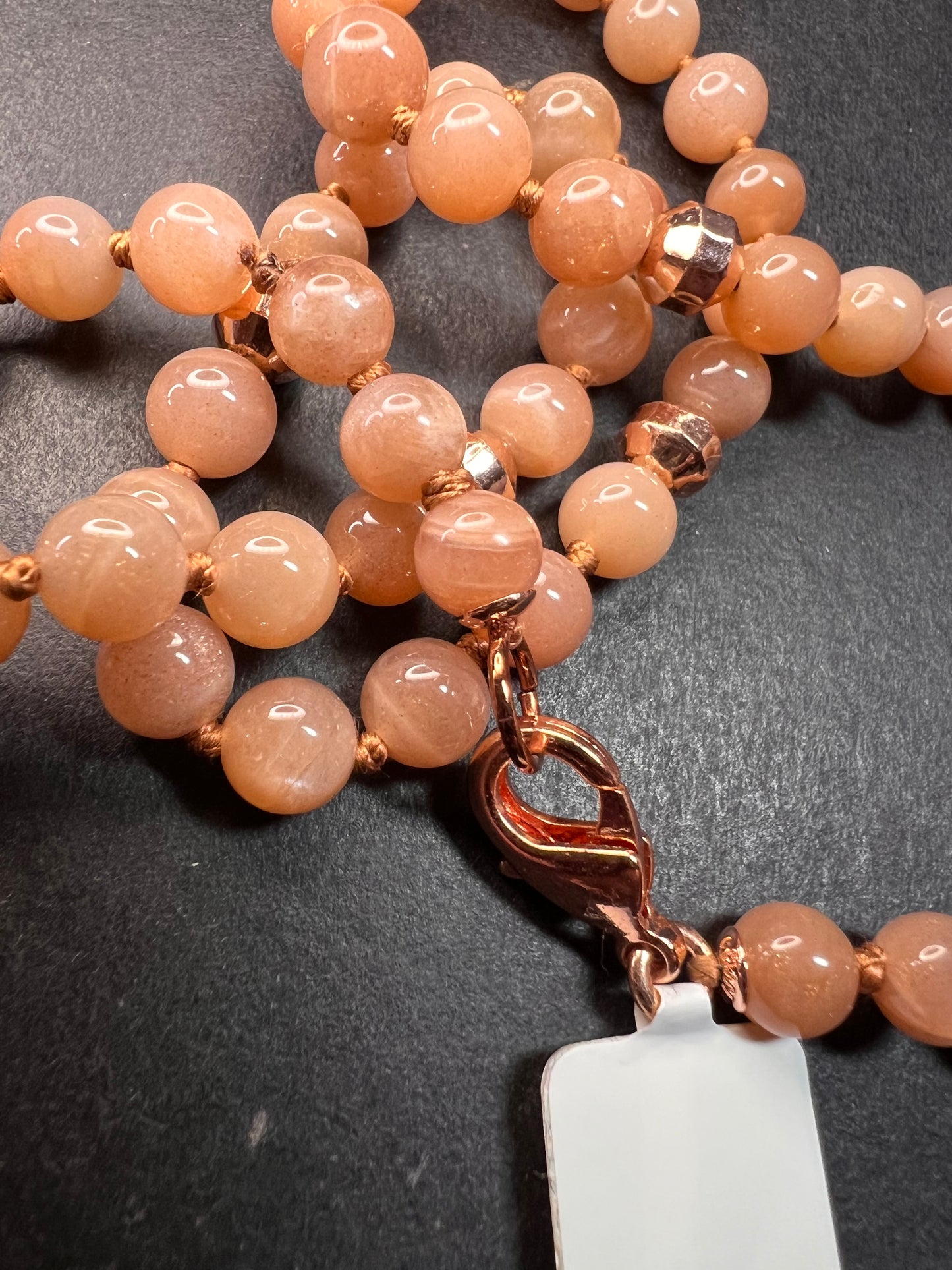 NEW Peach moonstone 30 inch knotted necklace with rose gold over bronze