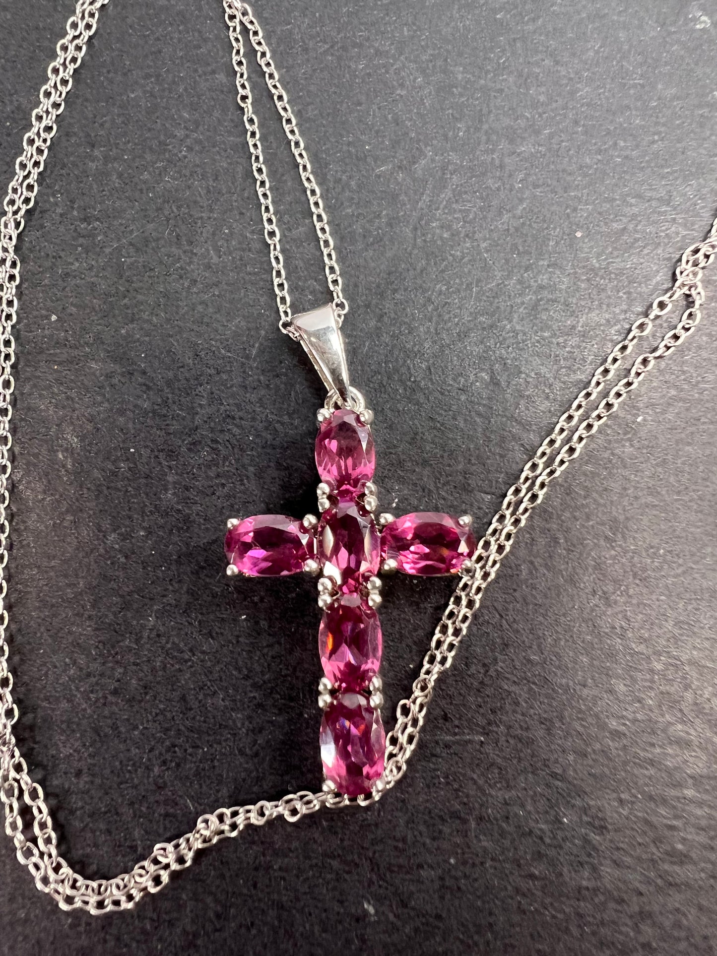 Raspberry rhodolite garnet cross pendant and chain necklace in sterling silver