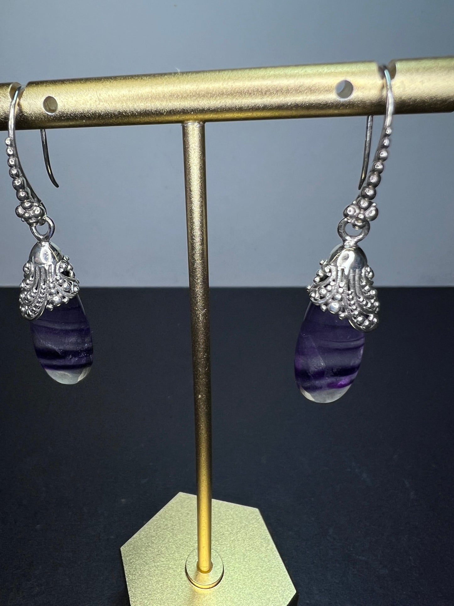 SARDA fluorite teardrop Bali sterling silver dangle earrings *NEW*