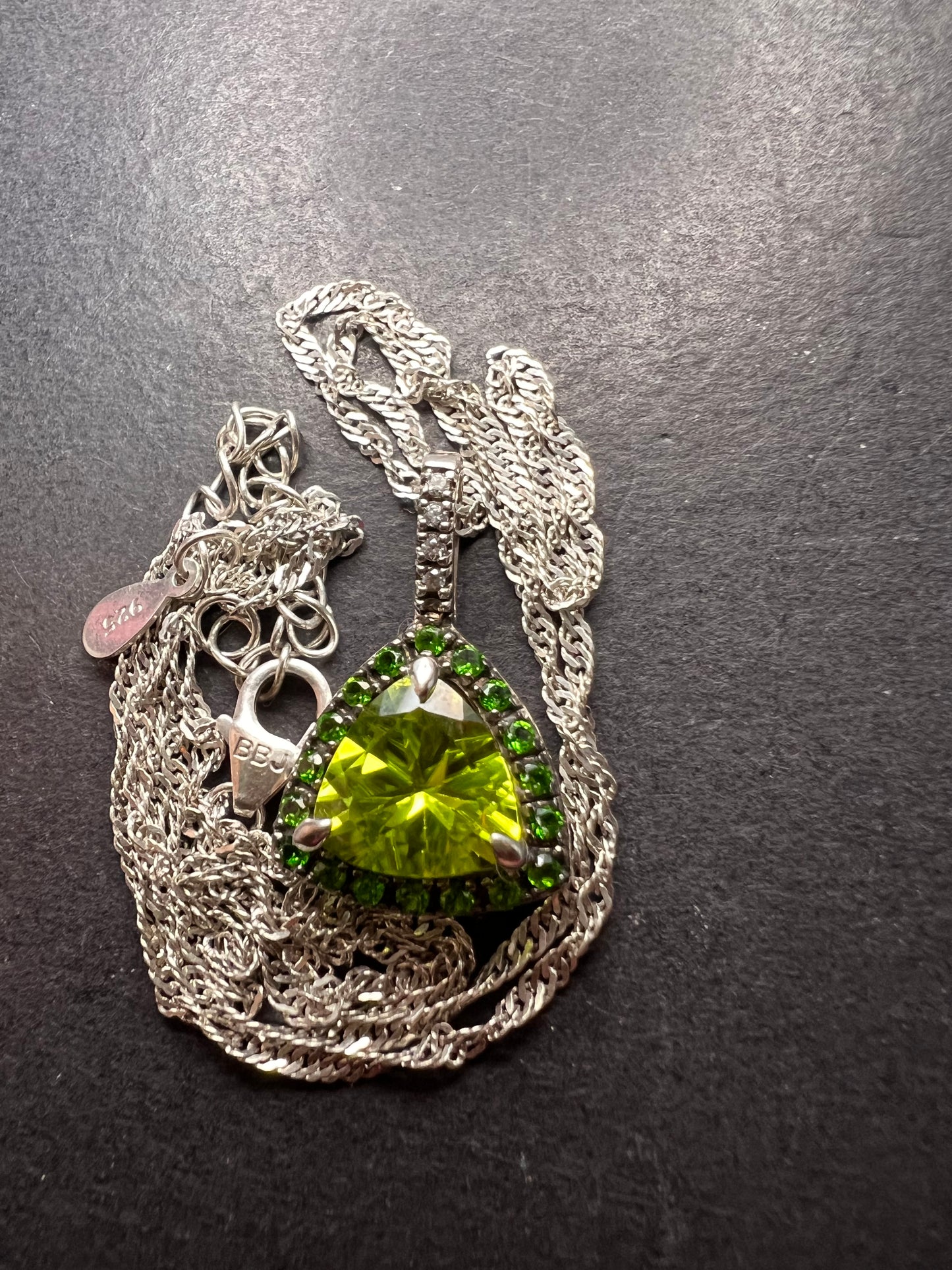 Trillium cut peridot and chrome diopside halo pendant and chain sterling silver necklace