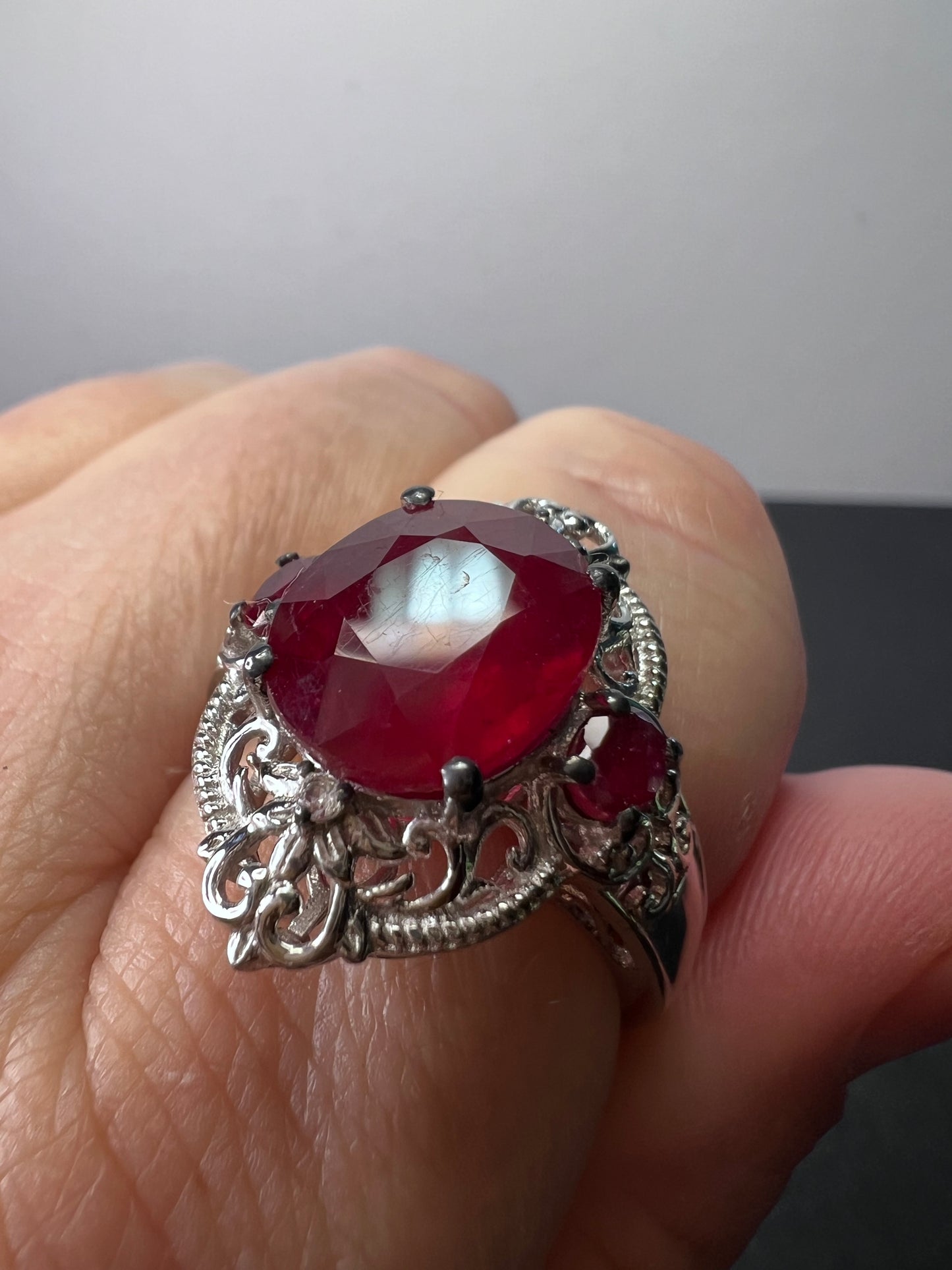 Ruby and white topaz sterling silver cocktail ring size 9