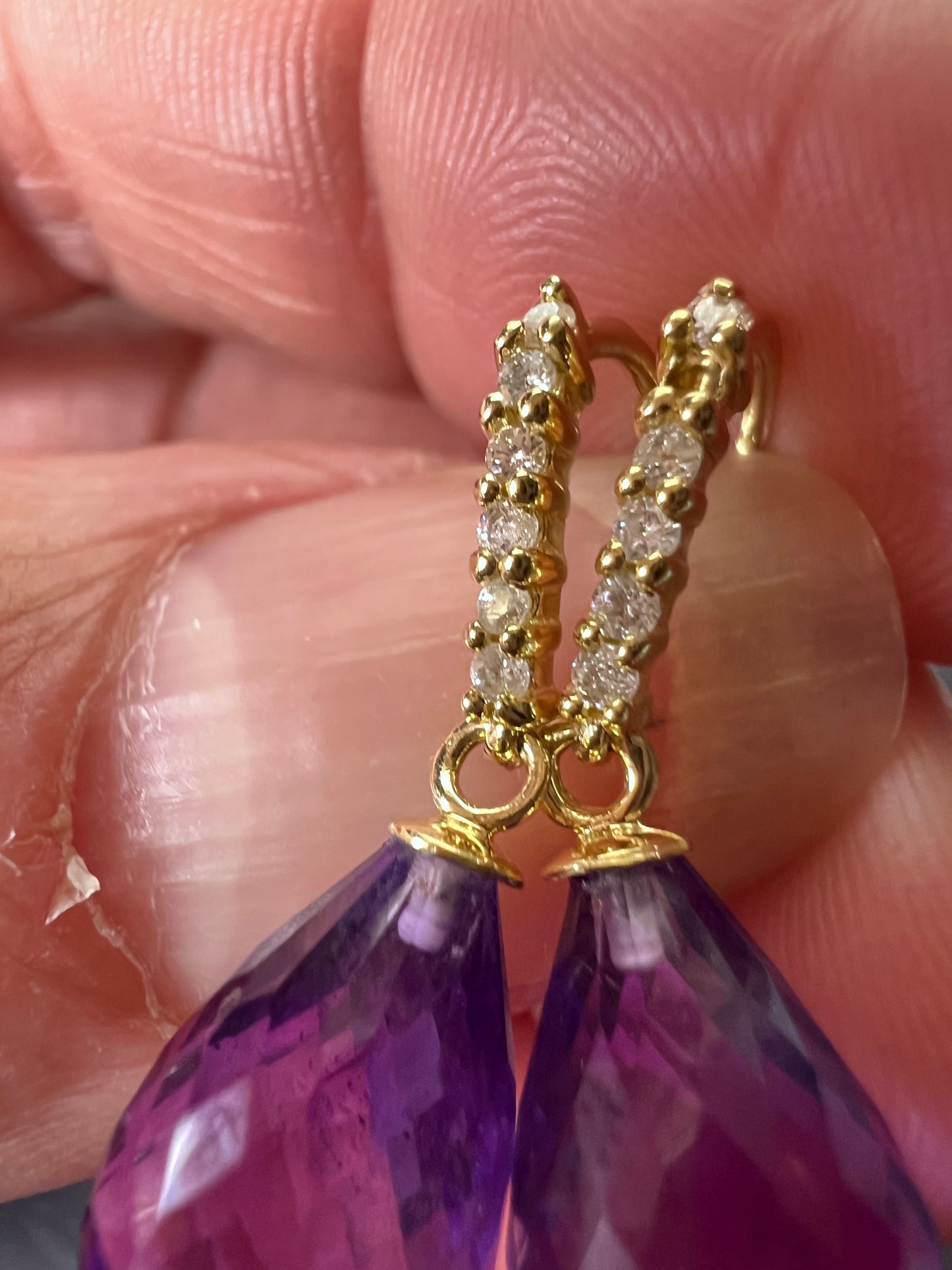 14k gold amethyst briolette and diamond dangle earrings