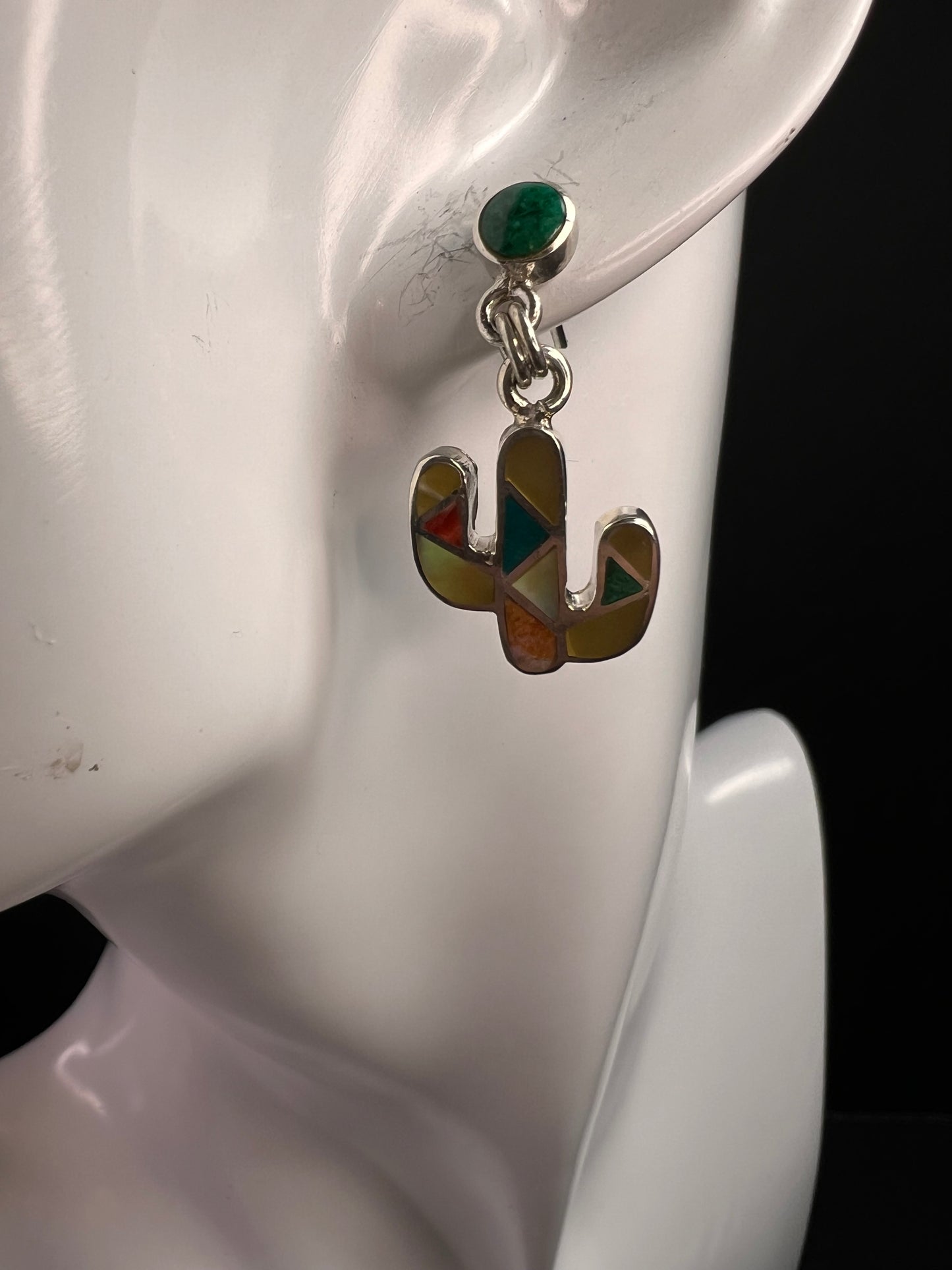 NEW Sterling Silver Peruvian Artistry Mosaic Cactus Earrings – Multi-Gemstone Inlay