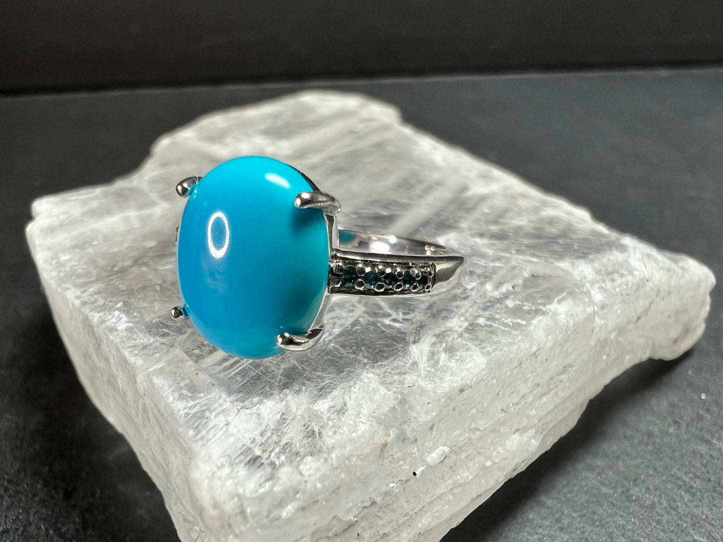 Sterling Silver Turquoise Ring with Blue Diamond Accents Size 6