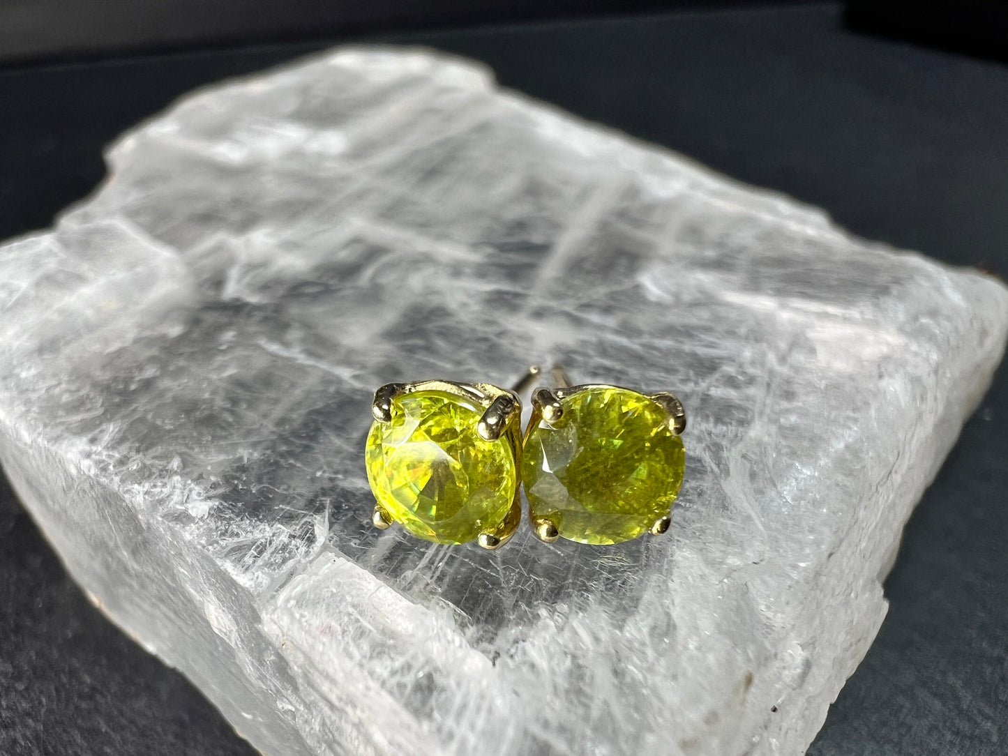 Rare Sphene Titanite Stud Earrings in 14k Yellow Gold