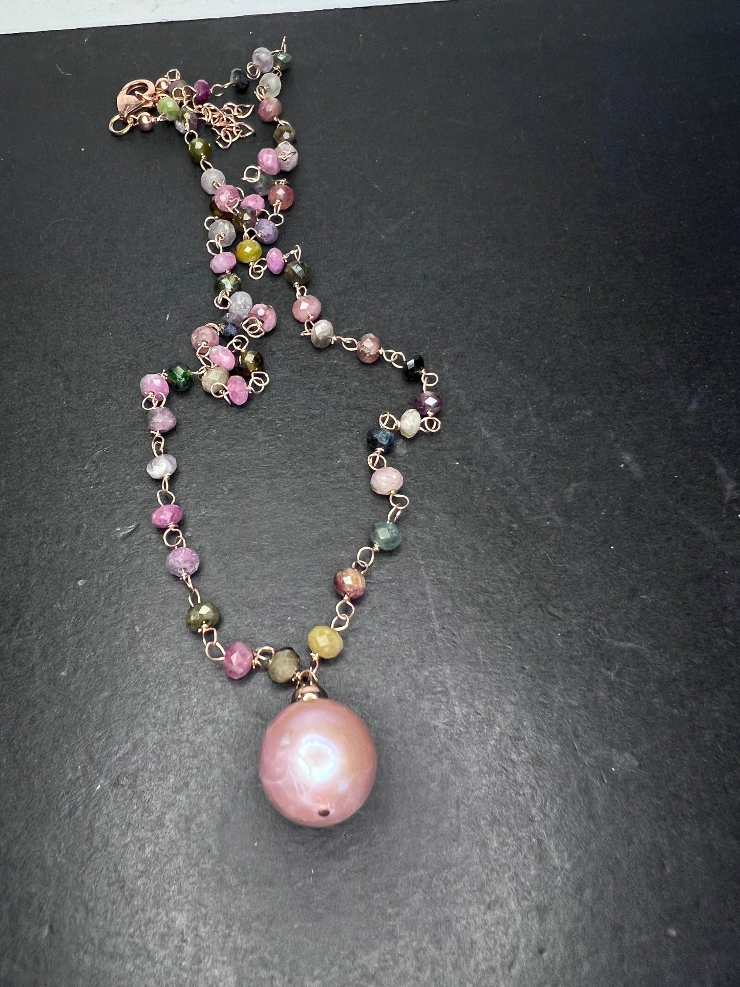 12-12.5mm Pink Cultured Freshwater Pearl & Tourmaline 18k Rose Gold Over Silver 18 Inch Necklace