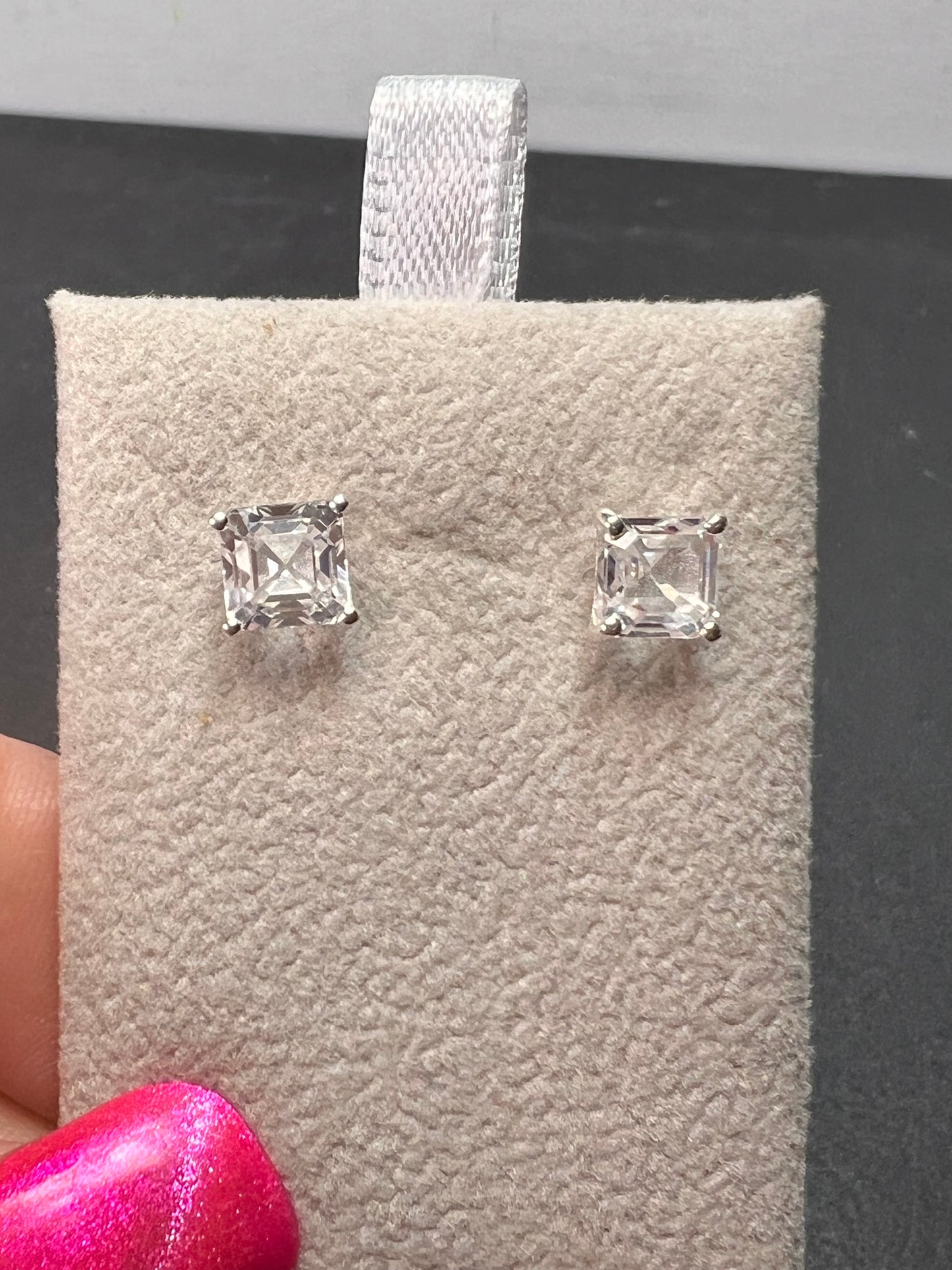 Lab white sapphire asscher cut solitaire stud earrings in sterling silver *NEW*