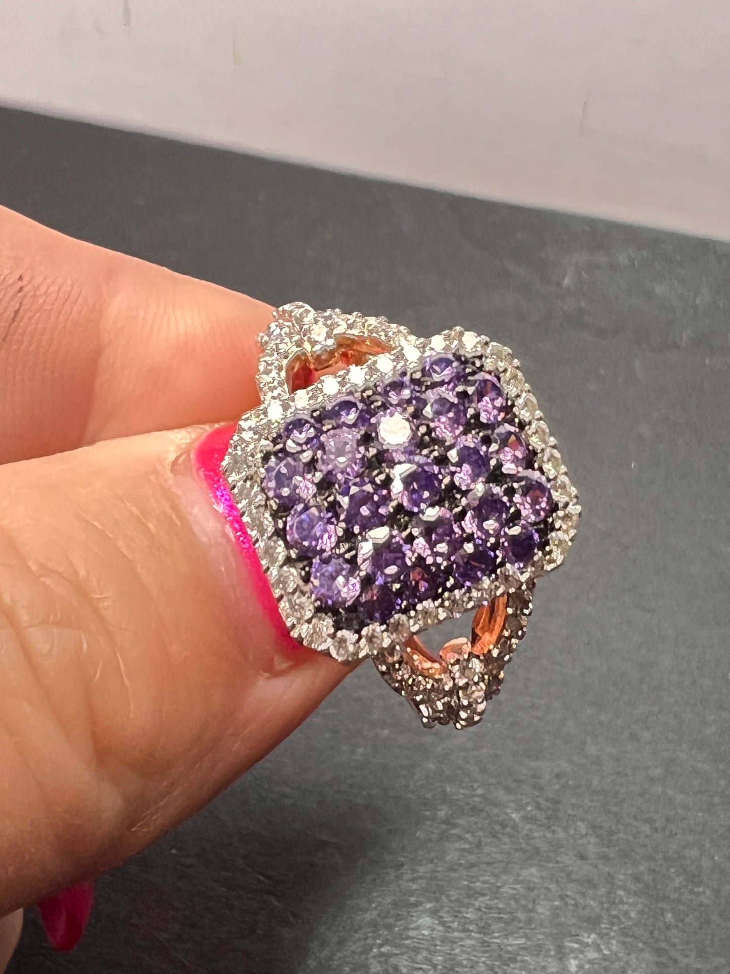 Bella Luce purple and white CZ rose gold over sterling silver cocktail ring size 9