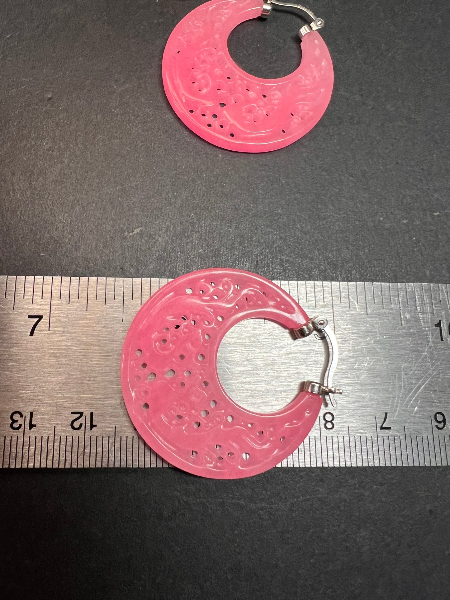 NEW pink jade carved dragon hoop earrings with sterling silver closures