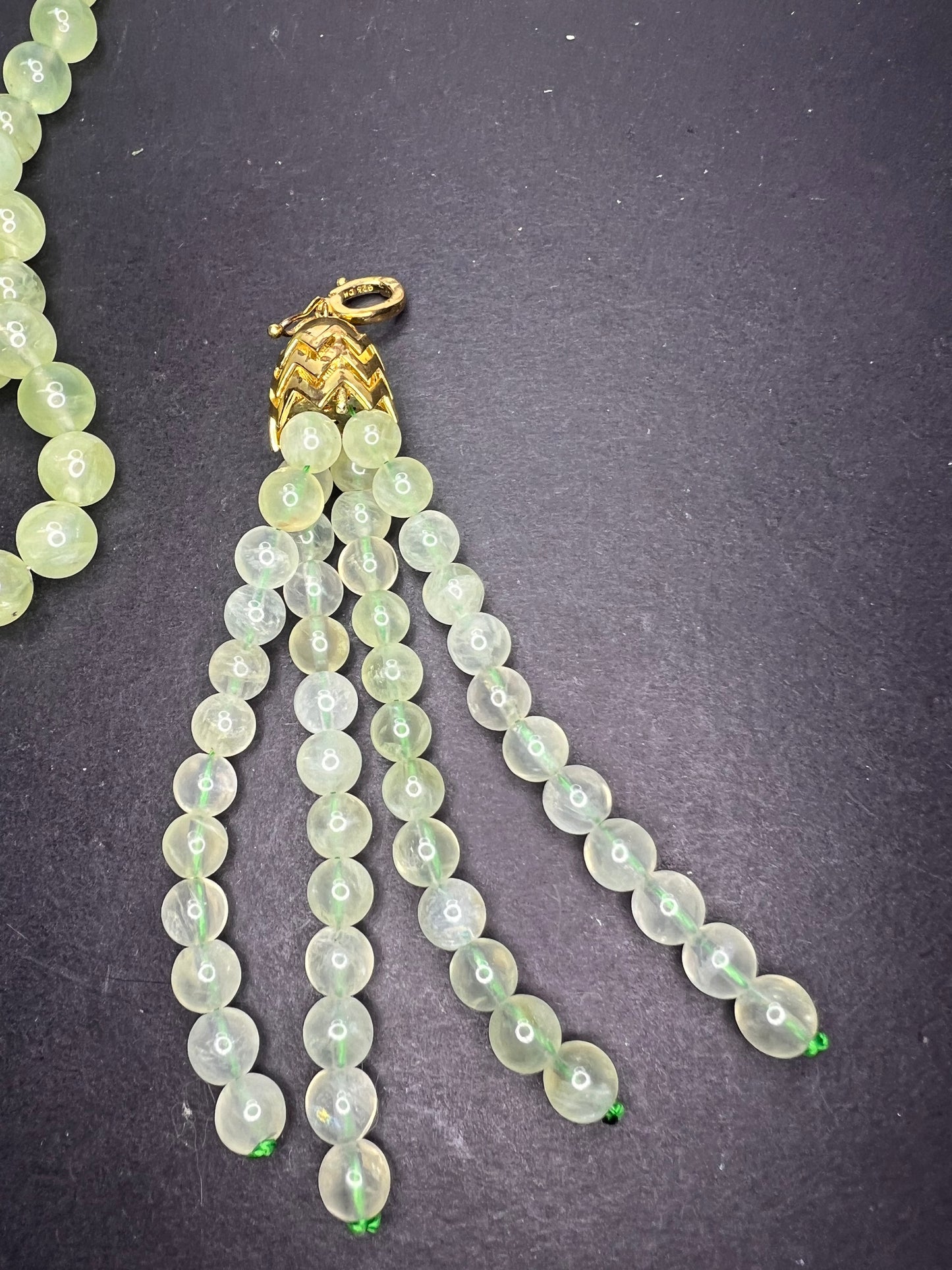 Prehnite beaded 24 inch necklace with removable tassel pendant and gold over sterling silver lobster clasp and extender