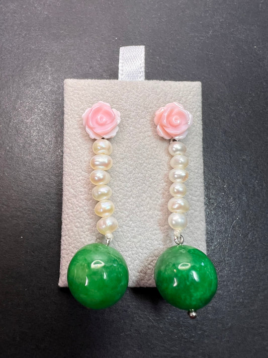 Green Jade , pink flowers and freshwater pearl earrings in rhodium over sterling silver