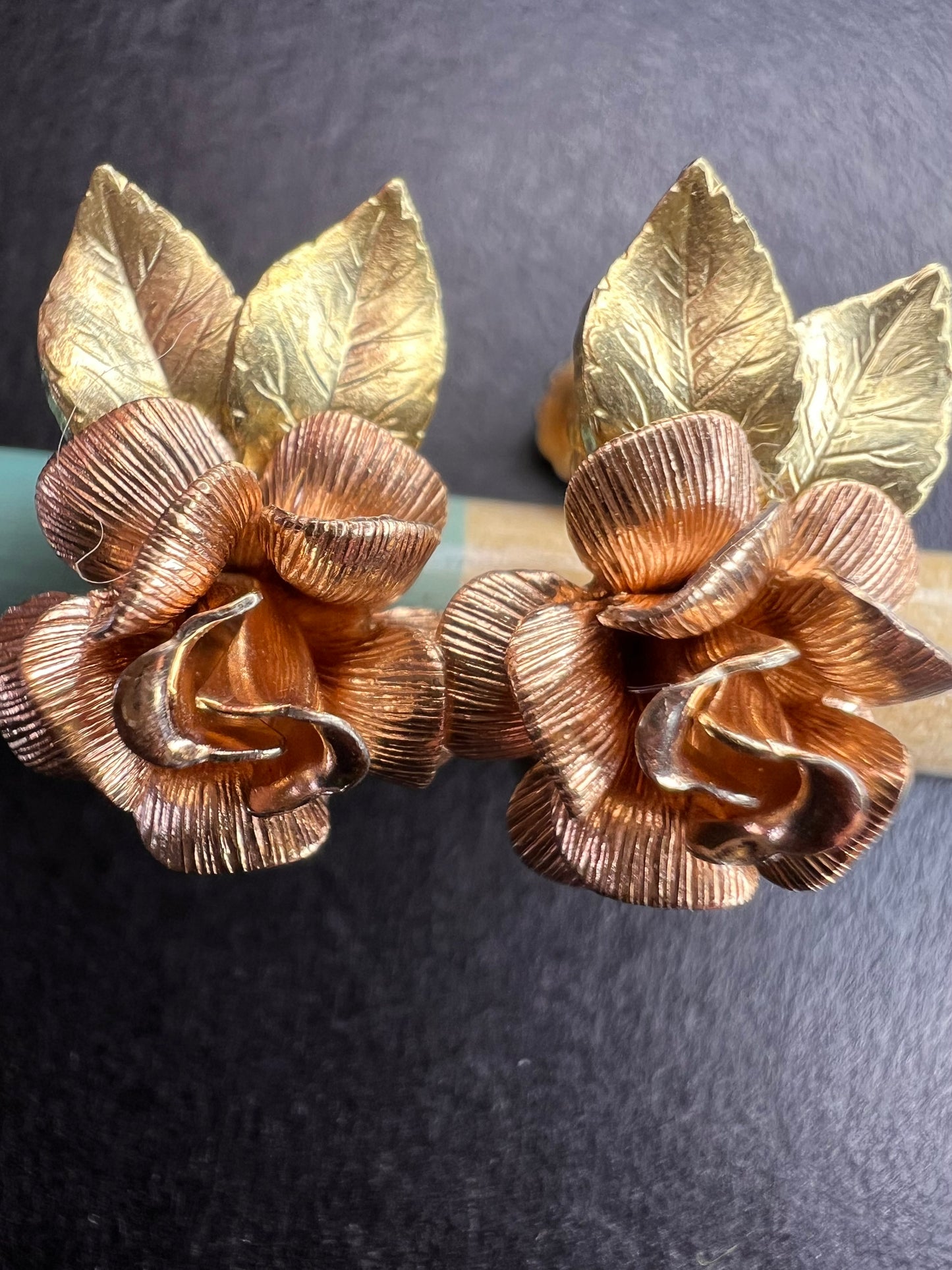 Vintage Krementz Rose and yellow gold tone Flower Leaf Screw Back Earrings