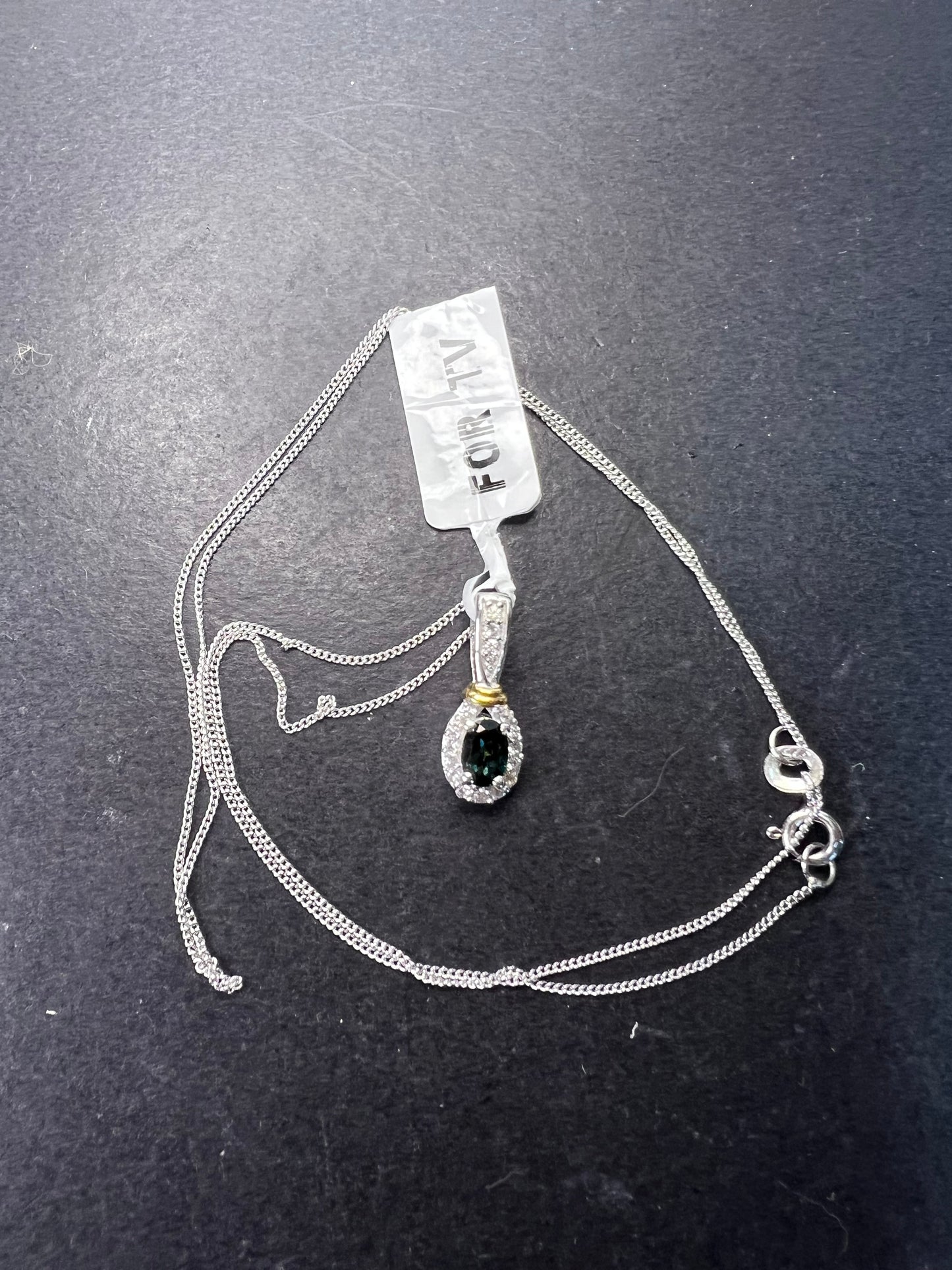 Indicolite tourmaline and zircon sterling silver pendant and 20 inch chain necklace