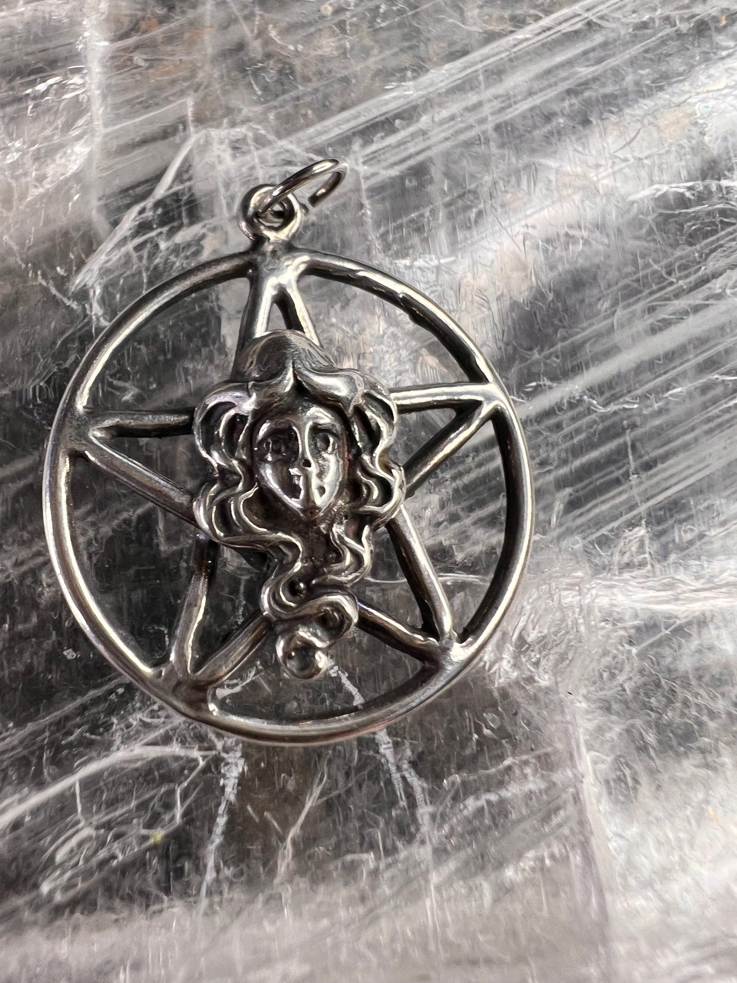 Vintage Sterling Silver Pentacle Goddess Face Charm Pendant