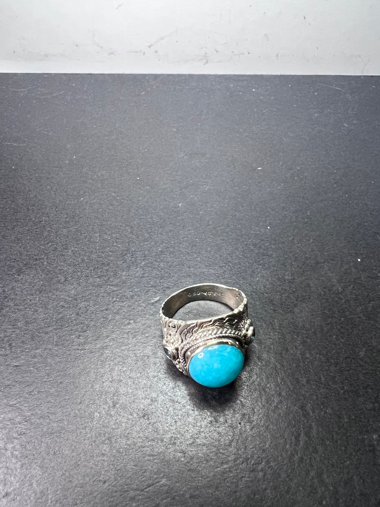 Sarda Peruvian amazonite and London blue topaz sterling silver statement ring size 9