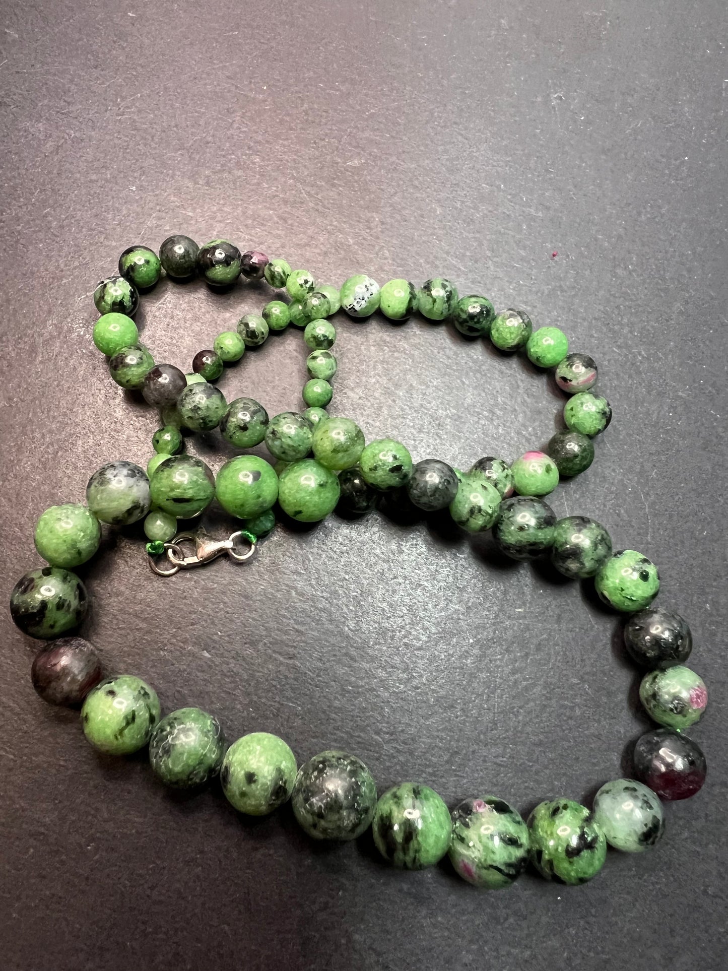 Ruby in zoisite graduated necklace with sterling silver clasp