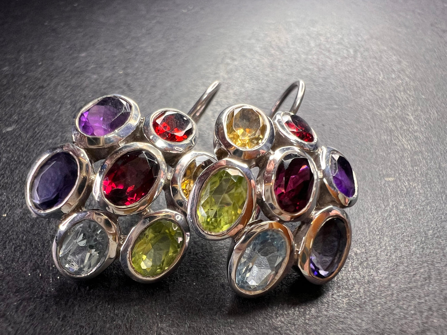 Vintage multi gemstone cluster boho earrings in sterling silver