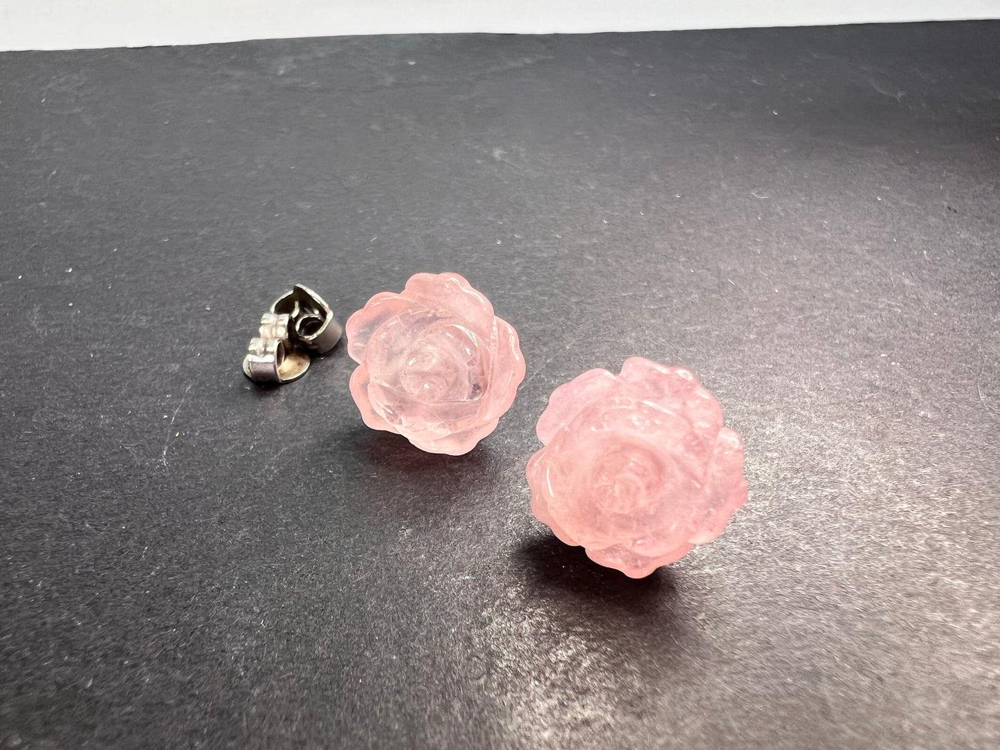 Rose quartz carved roses stud earrings with sterling silver posts