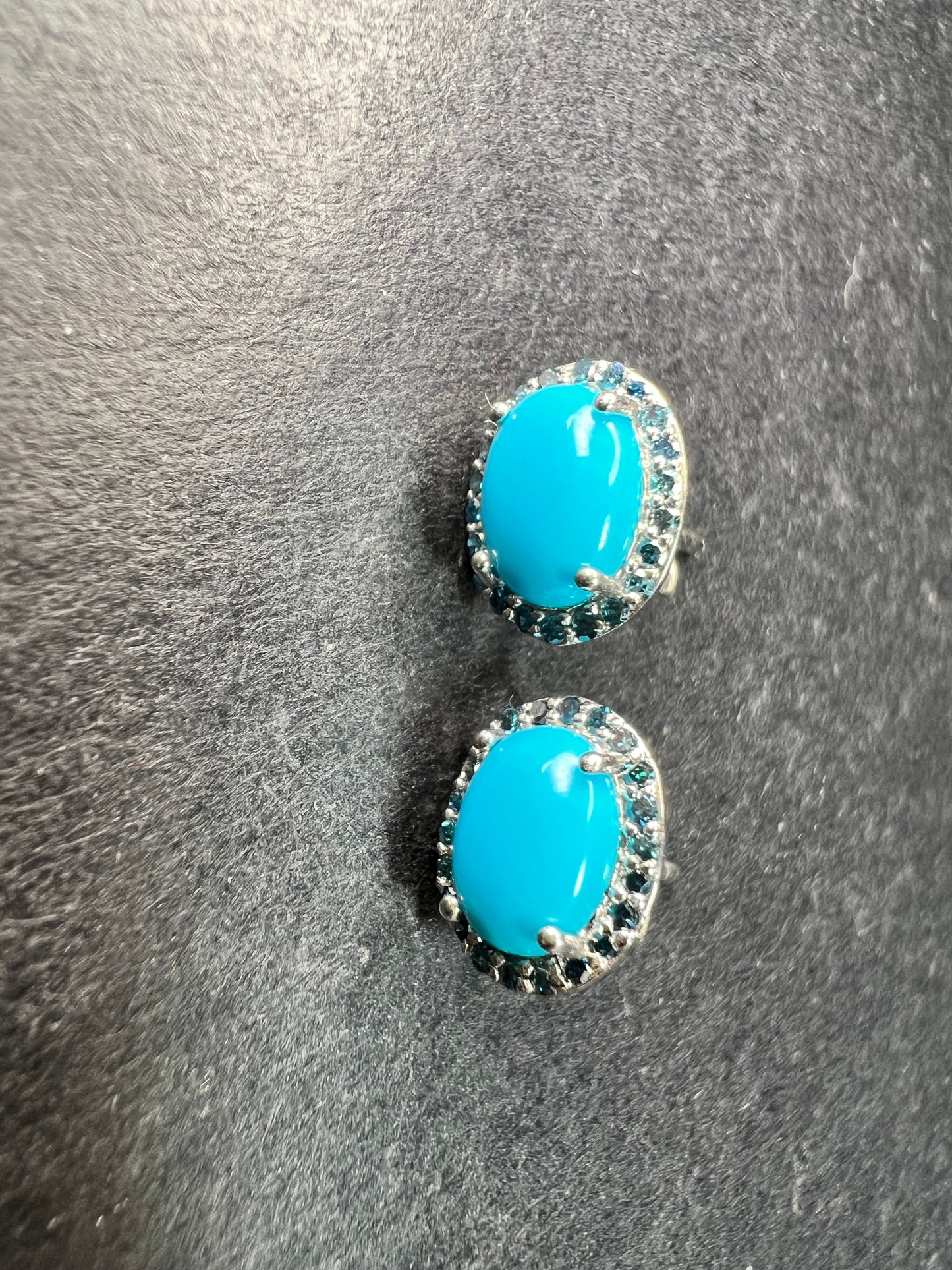 Turquoise & Blue Diamond Sterling Silver Halo Stud Earrings 925 Oval