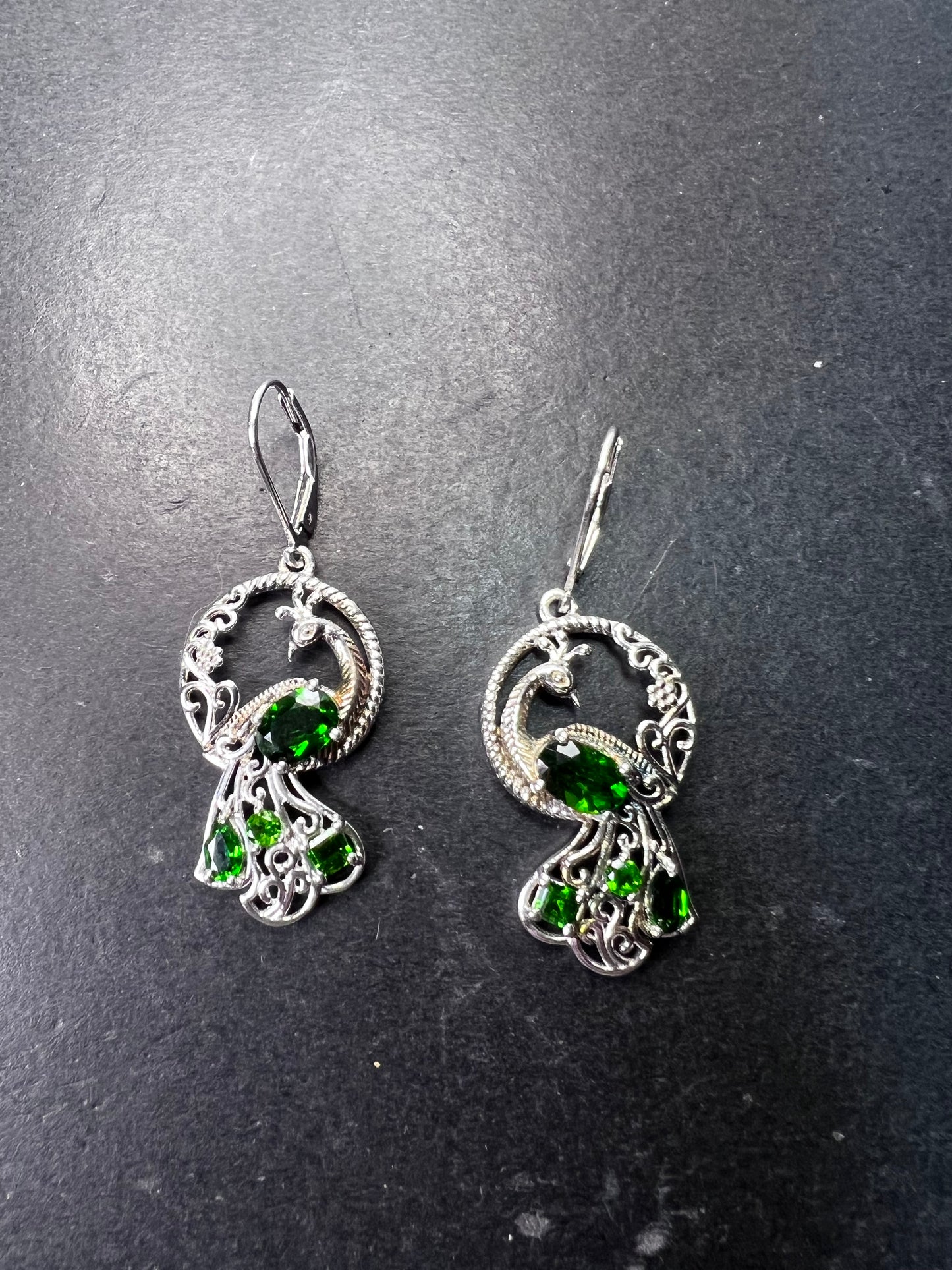 Chrome diopside sterling silver peacock dangle earrings