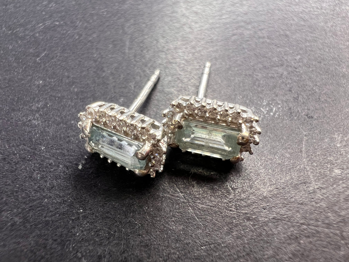 Aqua kyanite and zircon halo stud earrings in platinum over sterling silver 1.10ctw *NEW*