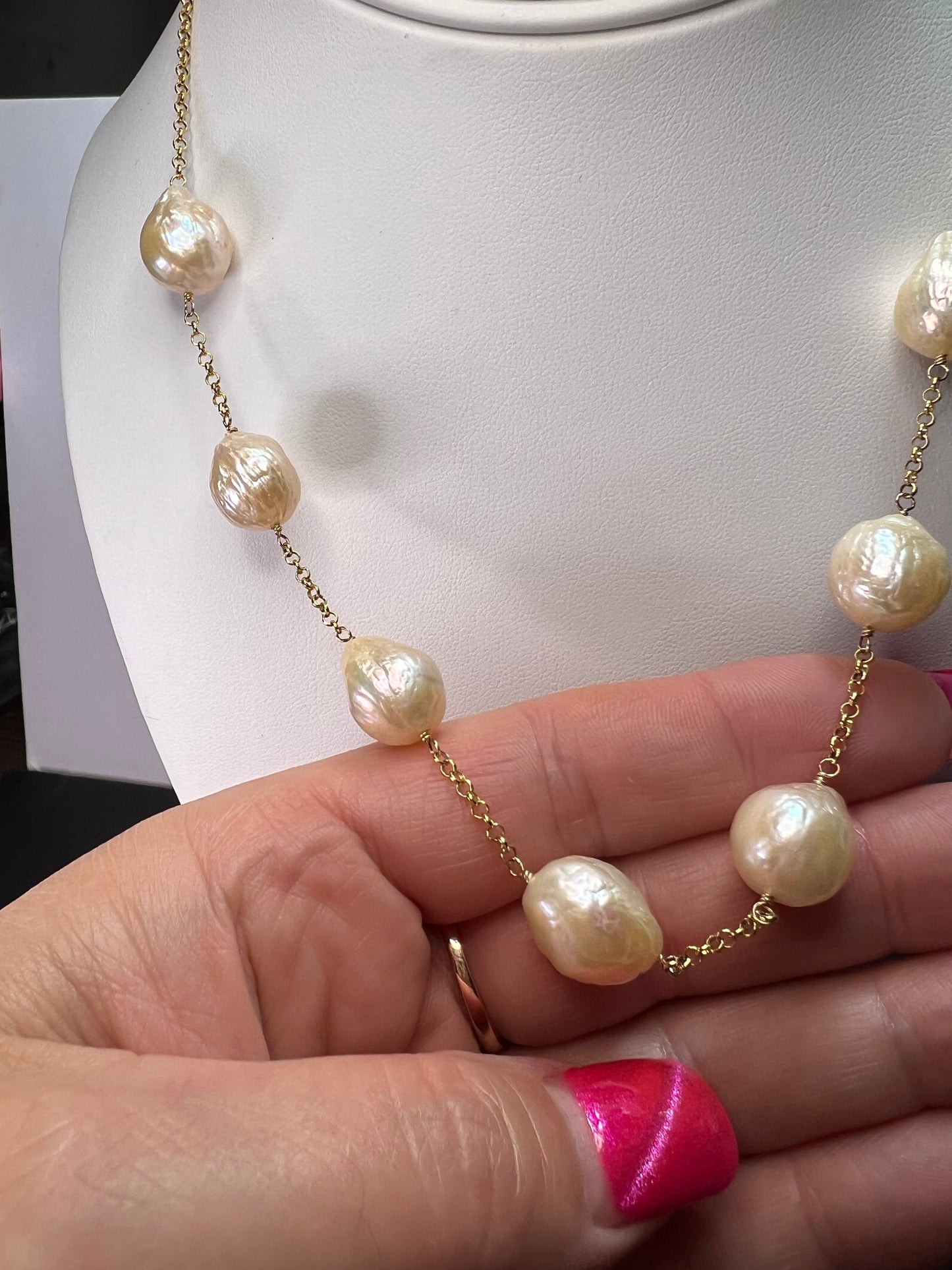 13-15mm baroque pearl station necklace in gold over sterling silver