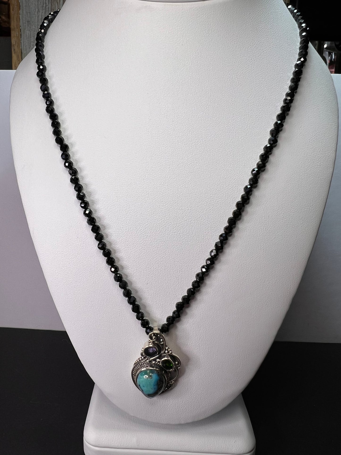 Black spinel and turquoise multi gem sterling silver pendant necklace