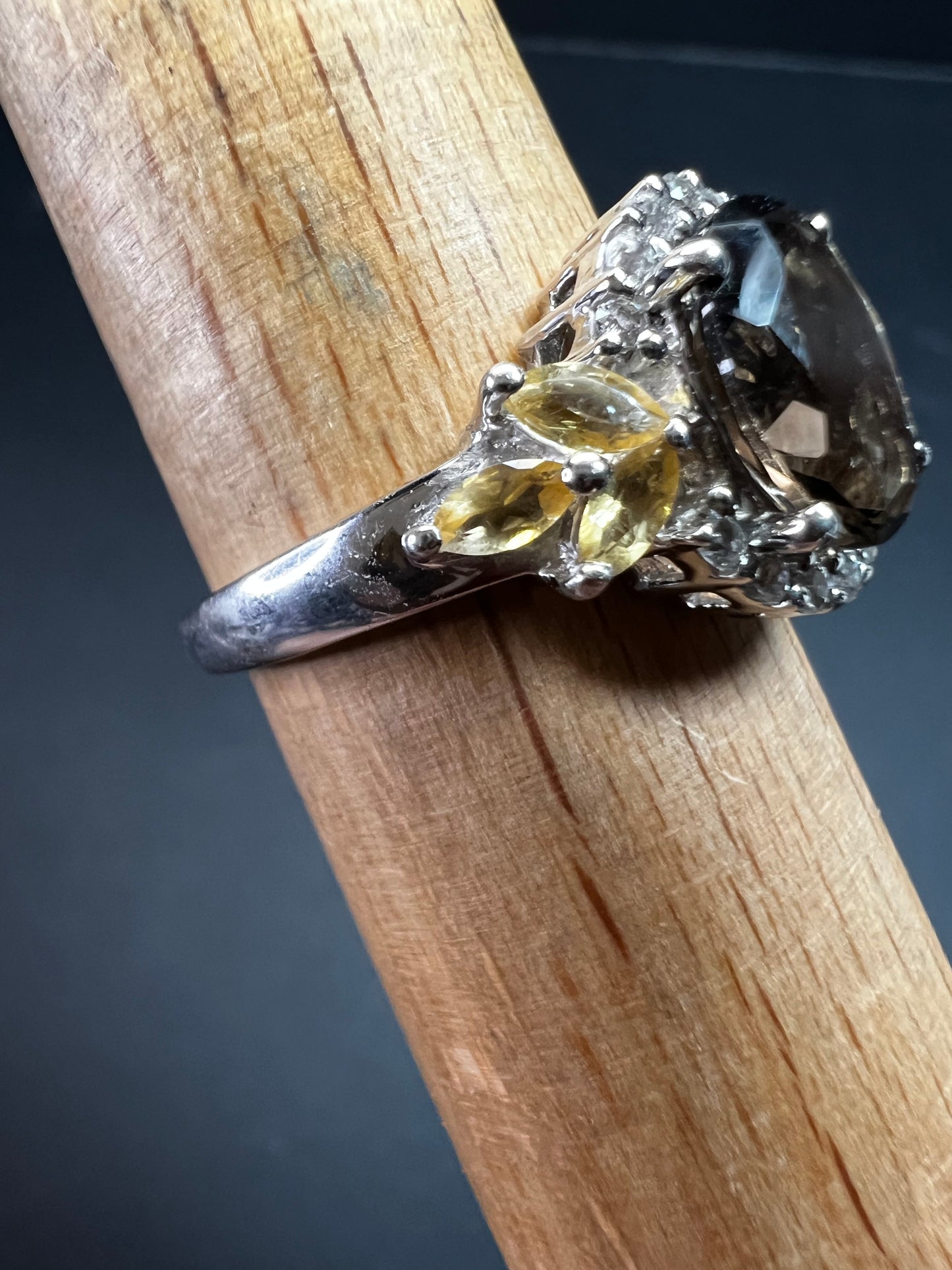 Smoky Quartz Citrine White Topaz Sterling Silver Ring Size 9 Estate