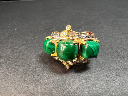 NEW Malachite and zircon two toned ring in vermeil and rhodium over sterling silver size 7