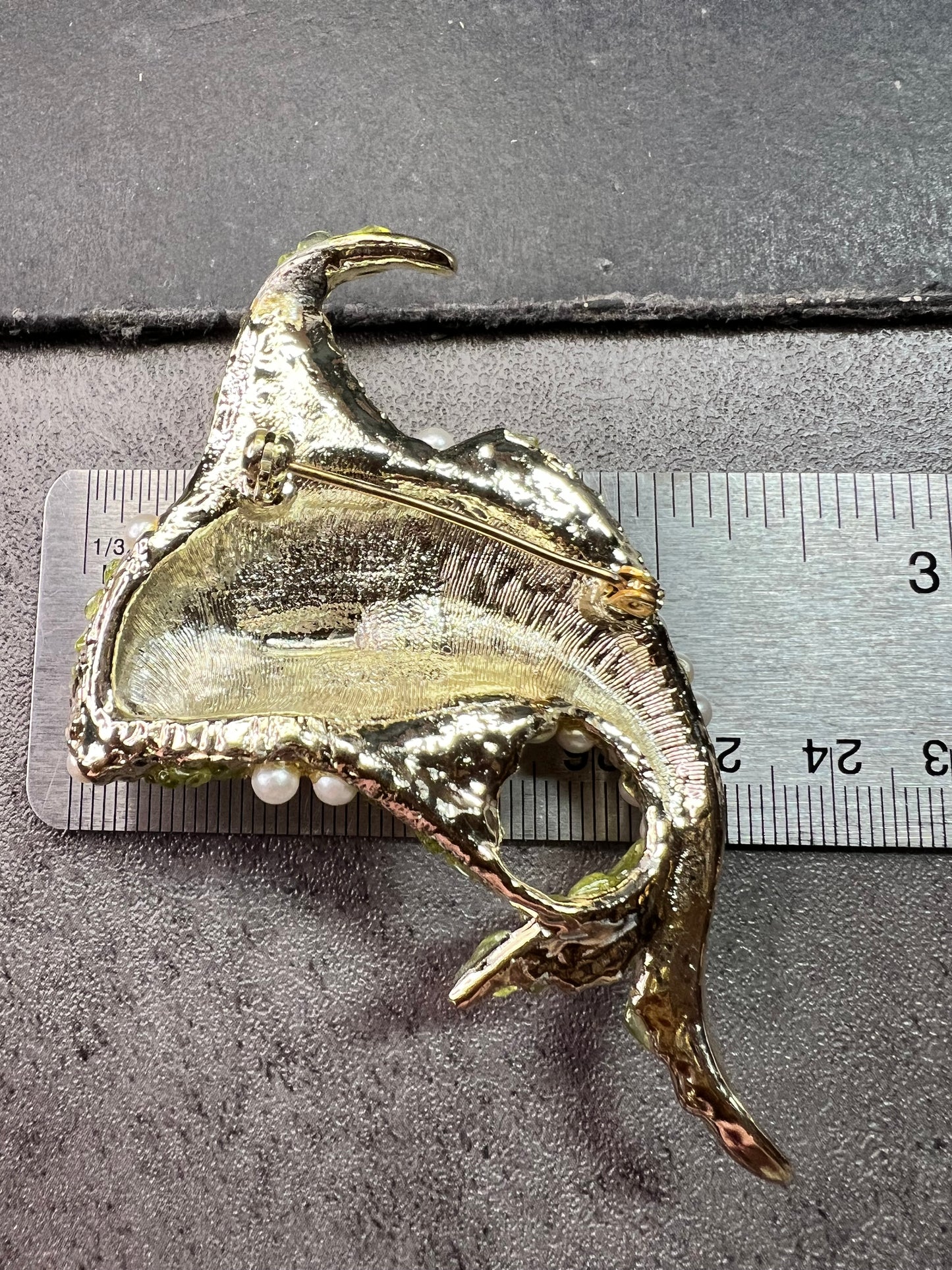 Vintage Faux Pearl & Genuine Peridot Fish Brooch Statement Pin