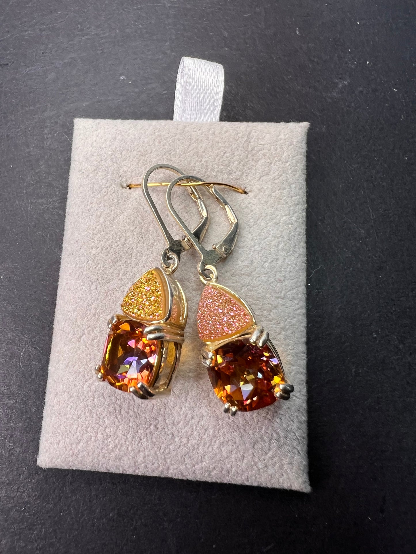 Orange mystic quartz gemstone and druzy sterling silver earrings