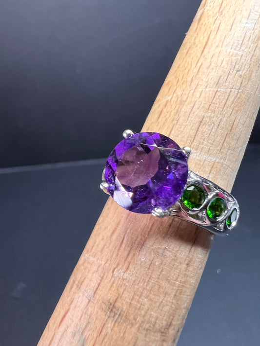 Vintage amethyst and chrome diopside ring in sterling silver size 7