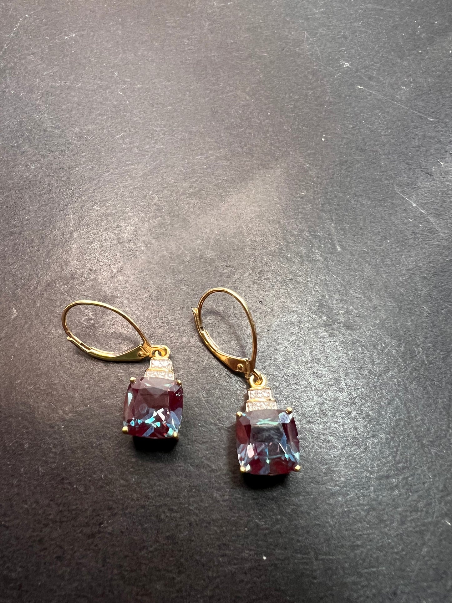 10k gold Lab alexandrite and diamond lever back earrings