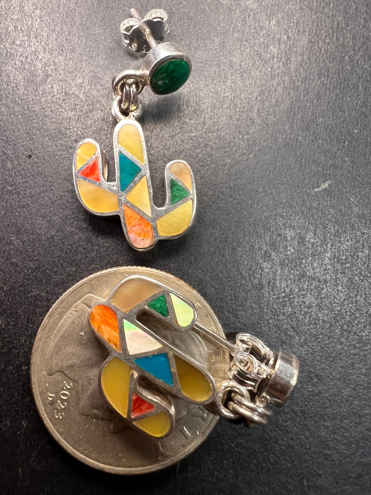 NEW Sterling Silver Peruvian Artistry Mosaic Cactus Earrings – Multi-Gemstone Inlay