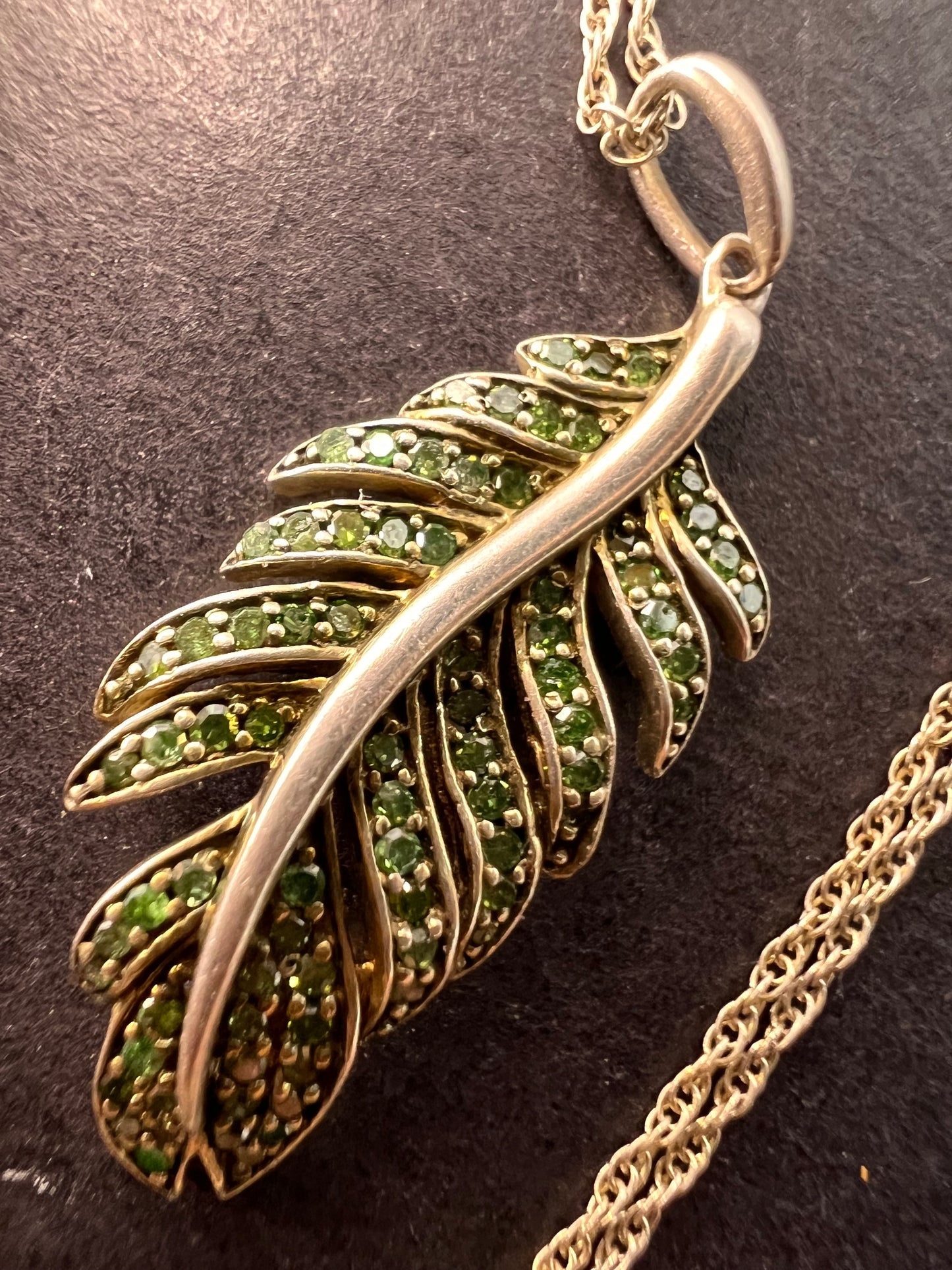 Natural green diamonds feather pendant and chain necklace in white gold over sterling silver