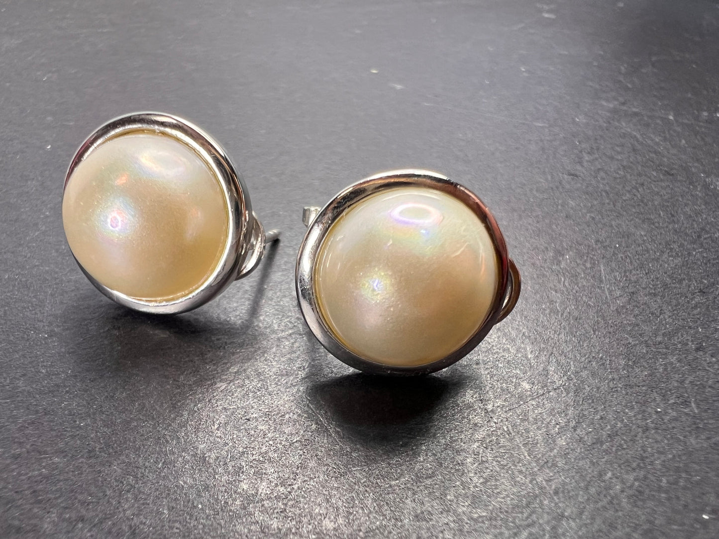 White Cultured South Sea Mabe Pearl 12mm Rhodium Over Sterling Silver Earrings *NEW*